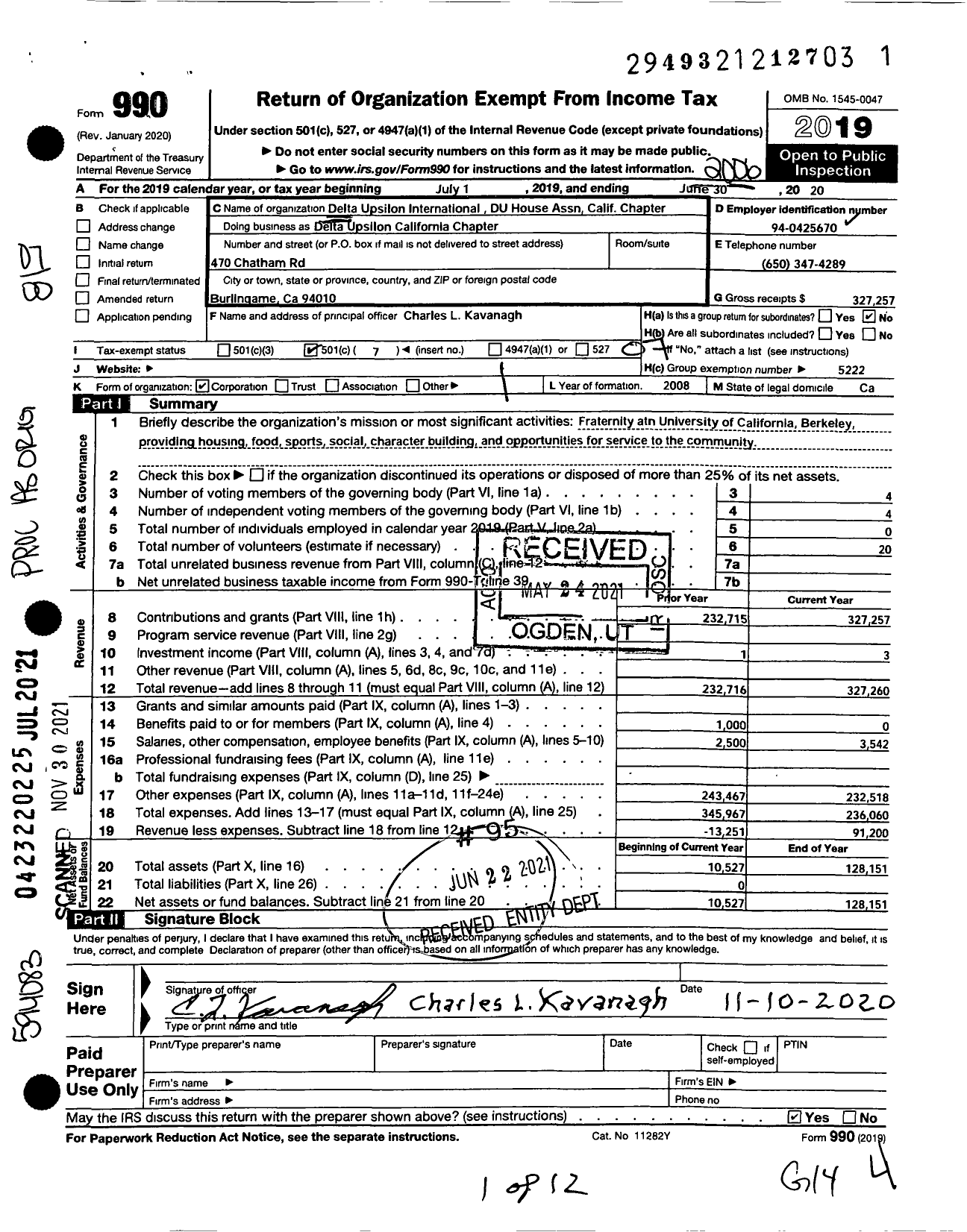 Image of first page of 2019 Form 990O for Delta Upsilon Fraternity - Delta Upsilon California Chapter