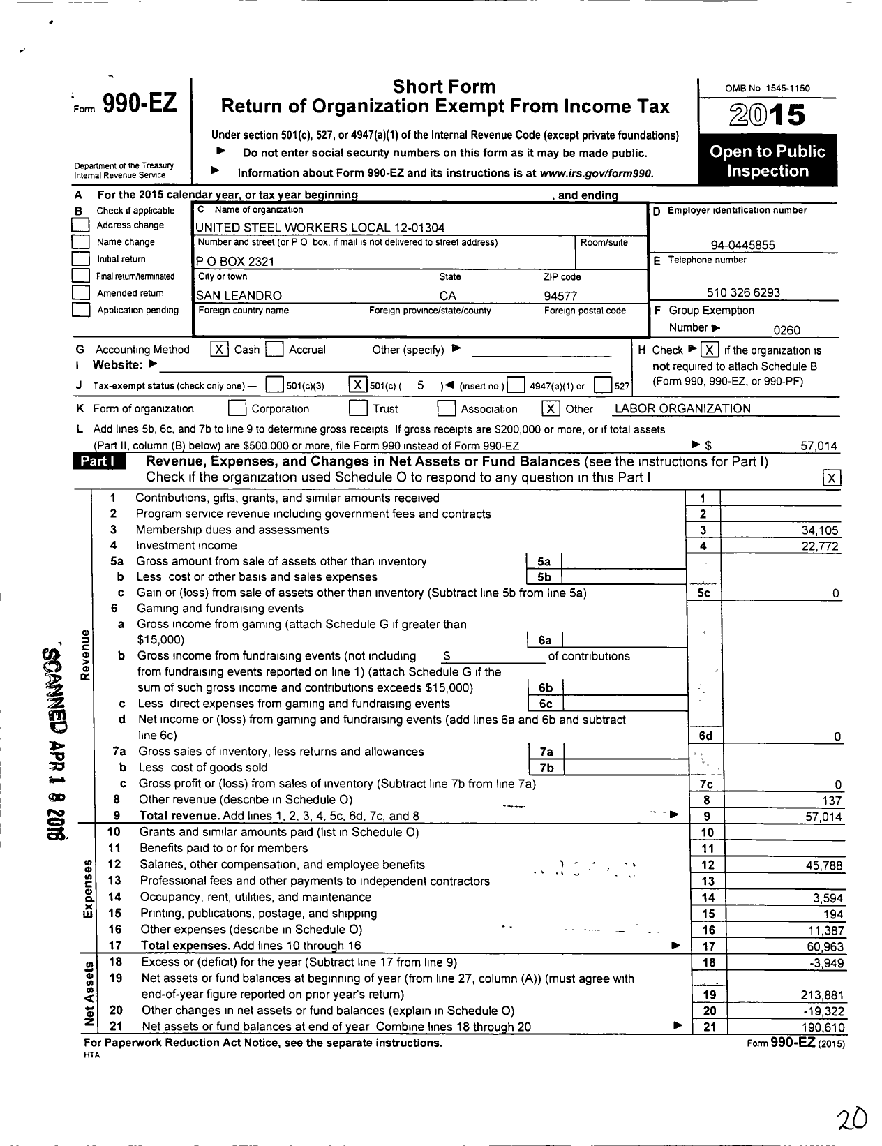 Image of first page of 2015 Form 990EO for United Steelworkers - 01304 Local