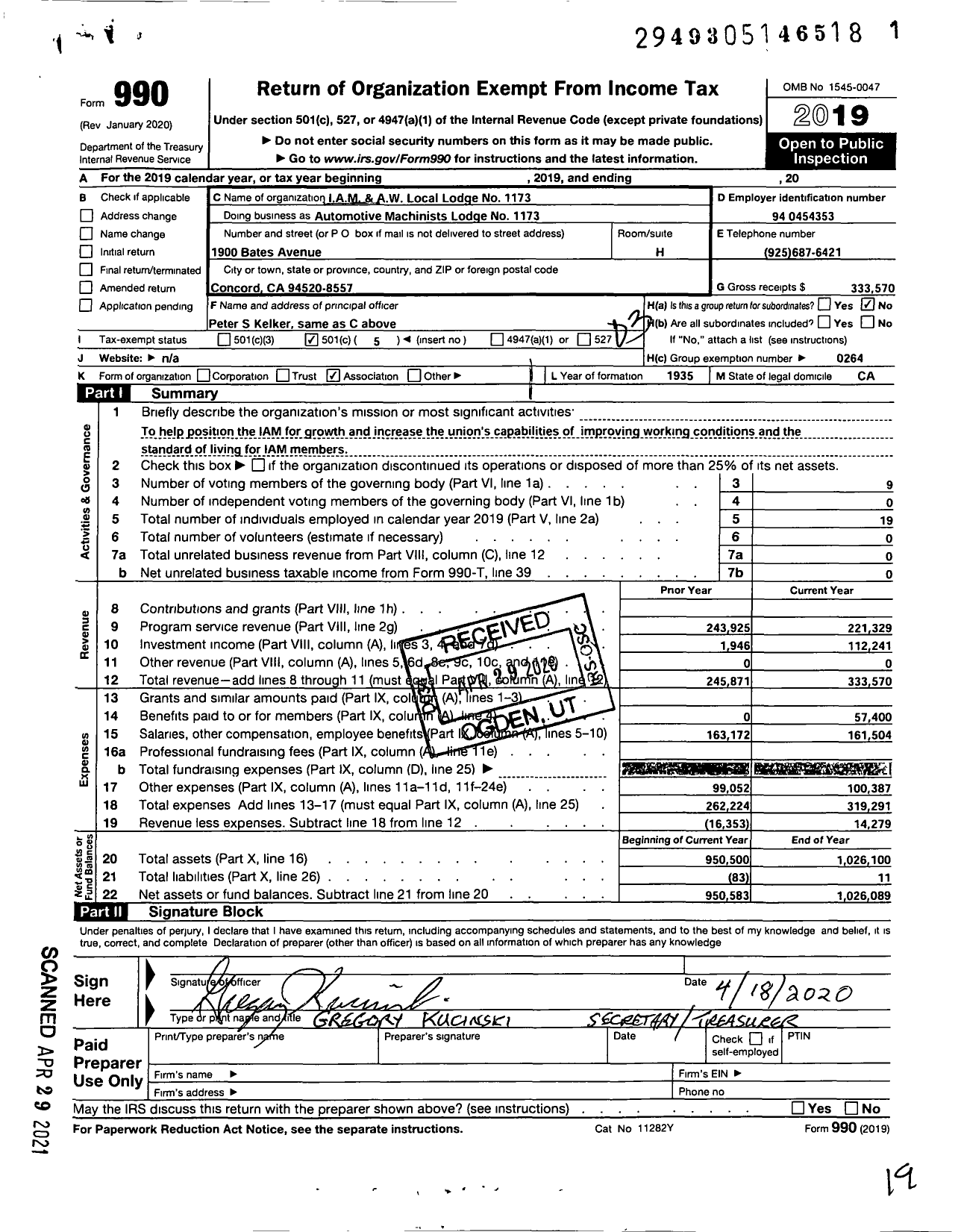 Image of first page of 2019 Form 990 for INTERNATIONAL ASSOCIATION OF Machinists and AEROSPACE WORKERS - IAMAW Local Lodge 1173