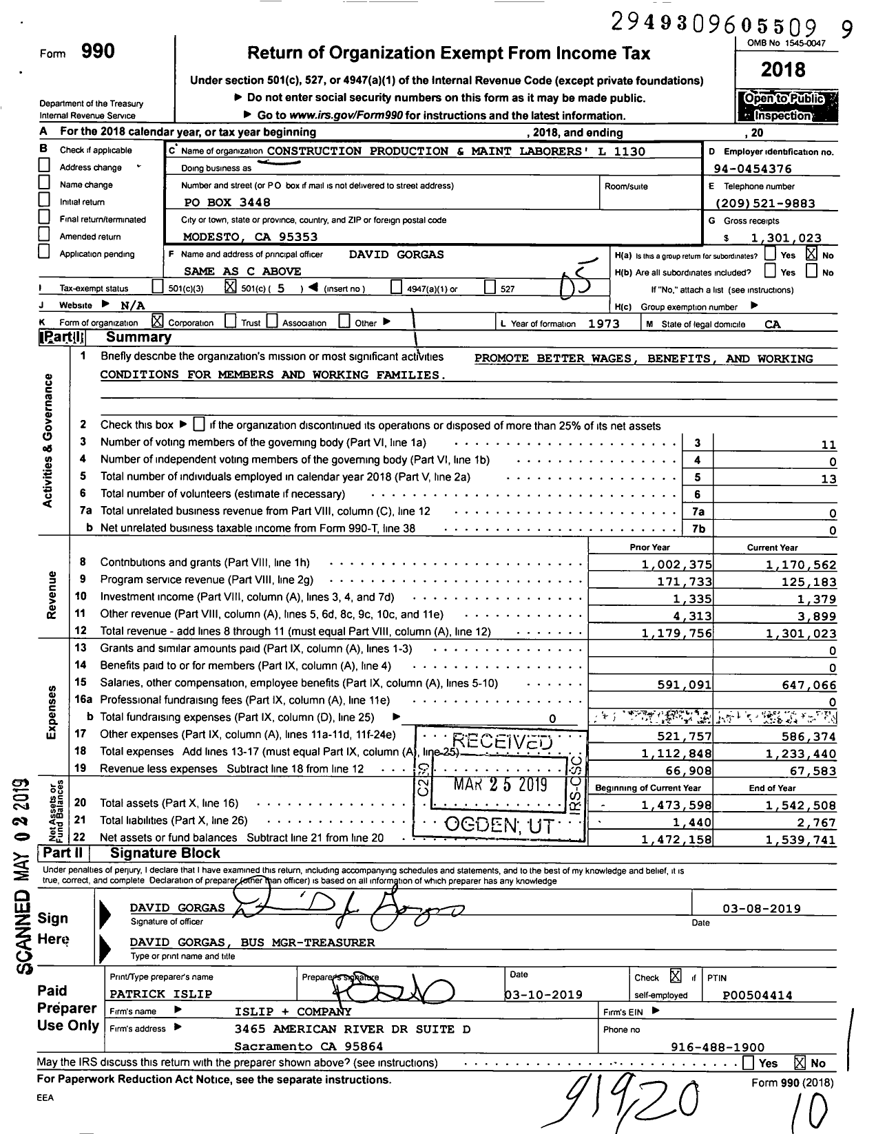 Image of first page of 2018 Form 990O for Laborers' International Union of North America - 1130 HCL