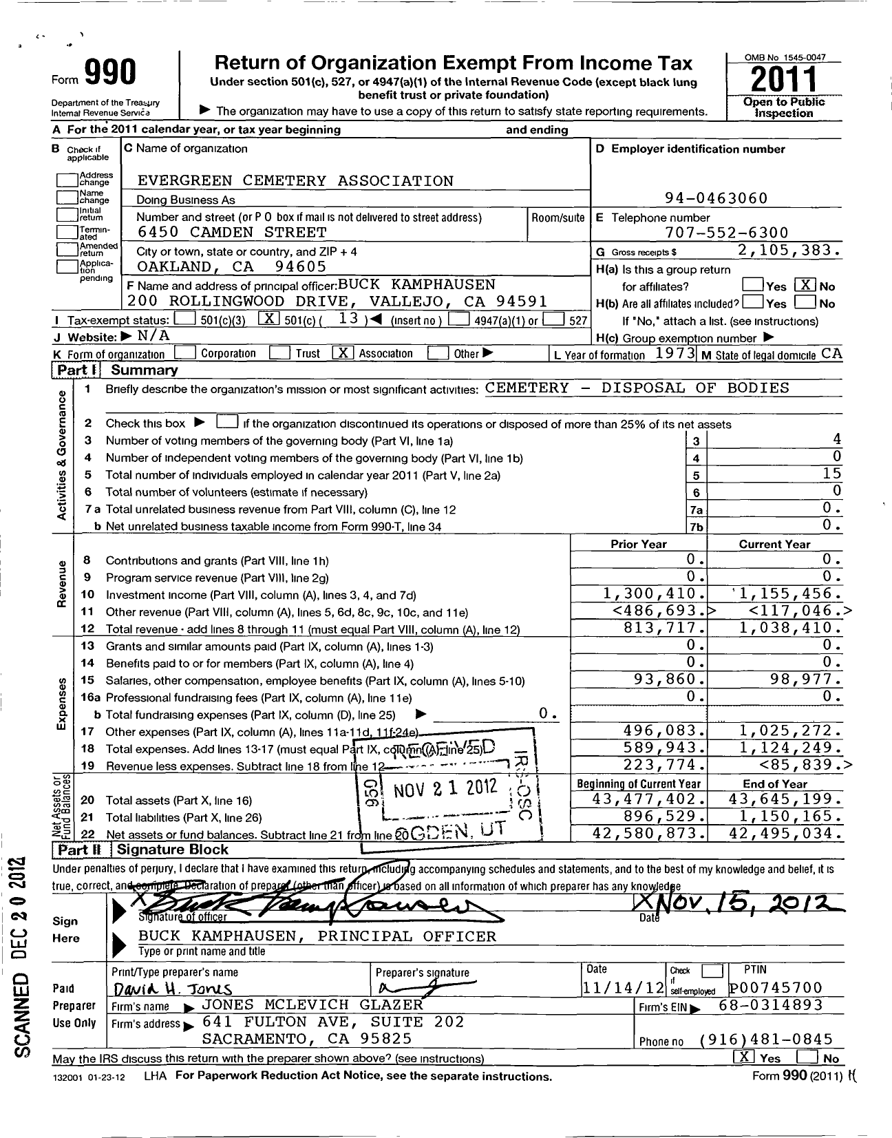 Image of first page of 2011 Form 990O for Evergreen Cemetery Association