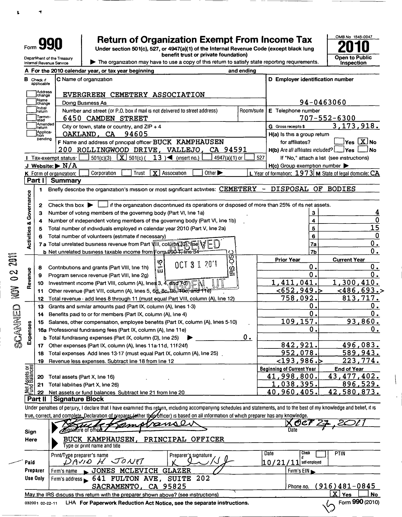 Image of first page of 2010 Form 990O for Evergreen Cemetery Association