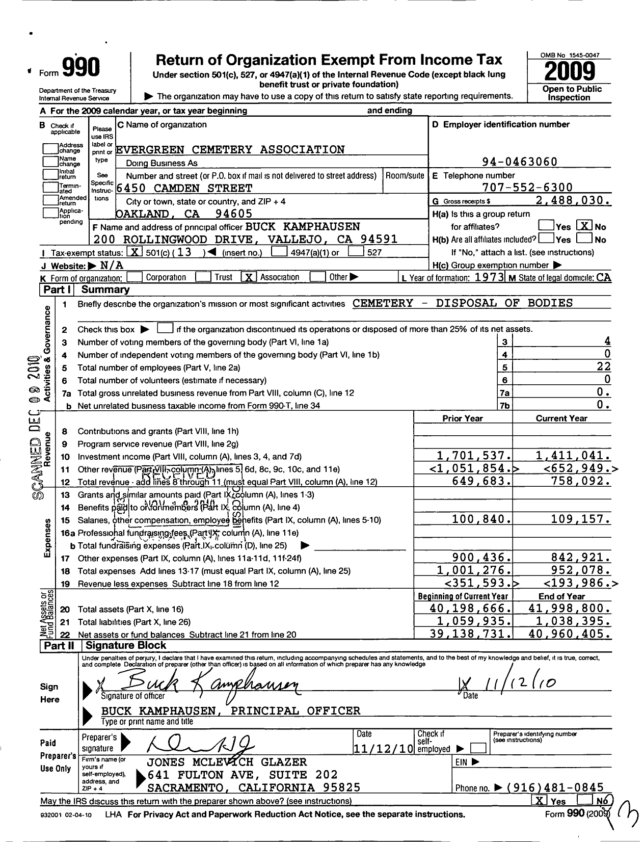 Image of first page of 2009 Form 990O for Evergreen Cemetery Association