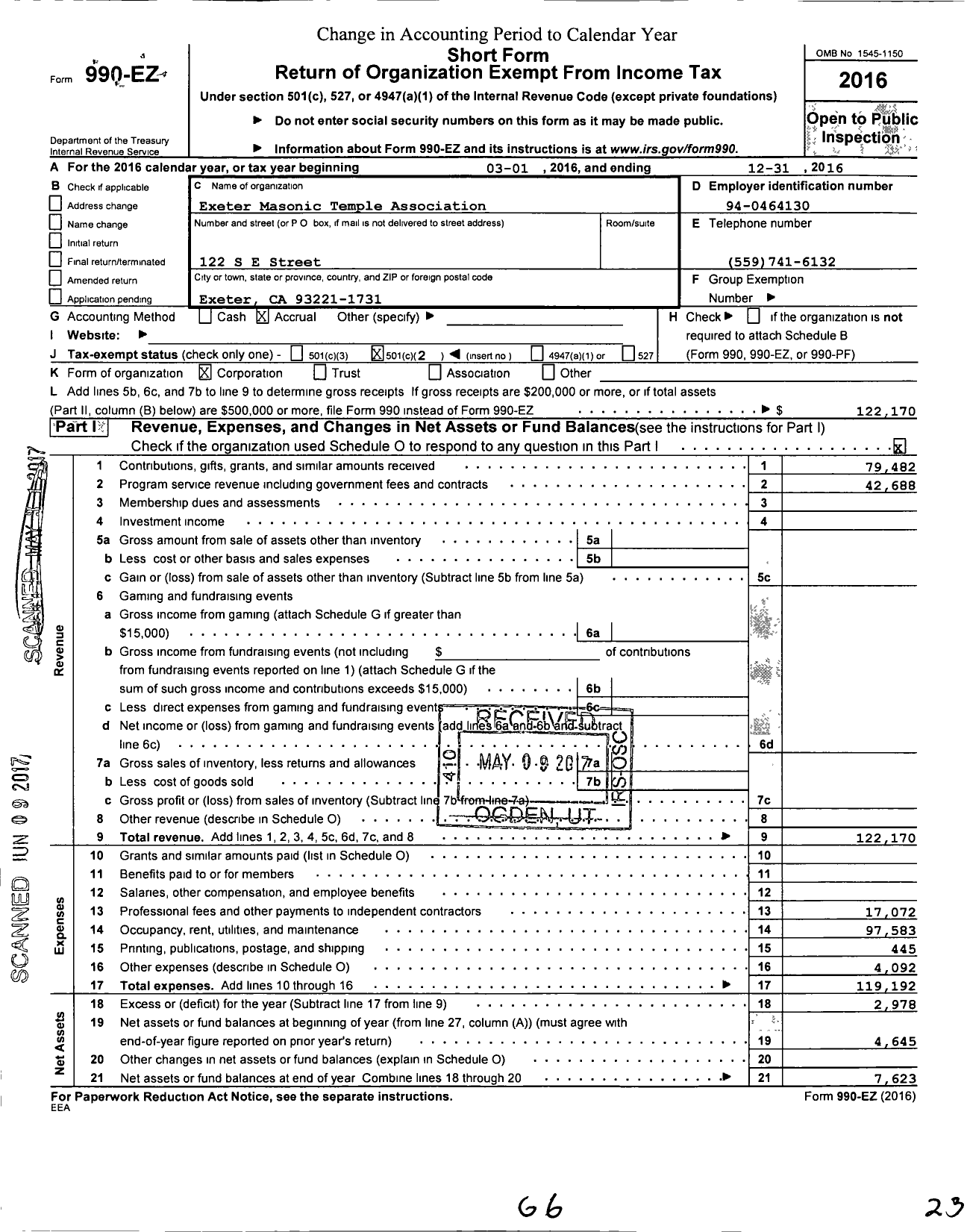 Image of first page of 2016 Form 990EO for Exeter Masonic Temple Association