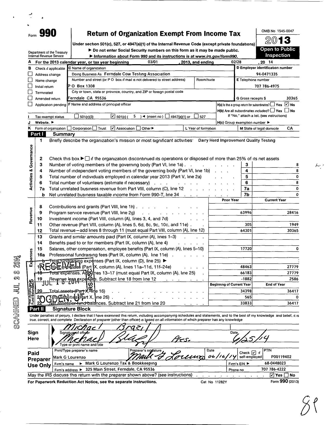 Image of first page of 2013 Form 990O for Ferndale Cow Testing Association