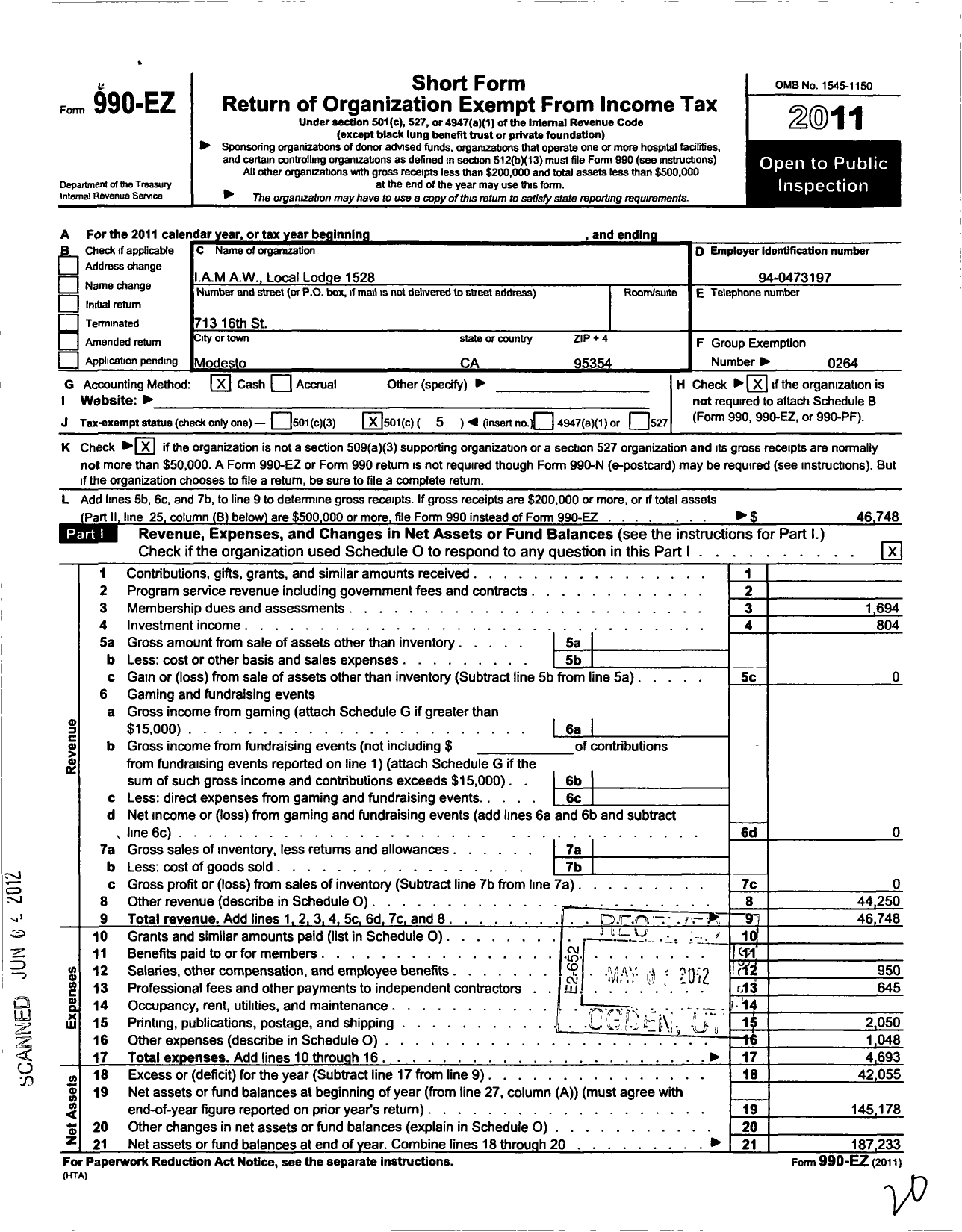 Image of first page of 2011 Form 990EO for International Association of Machinists and Aerospace Workers - 1528