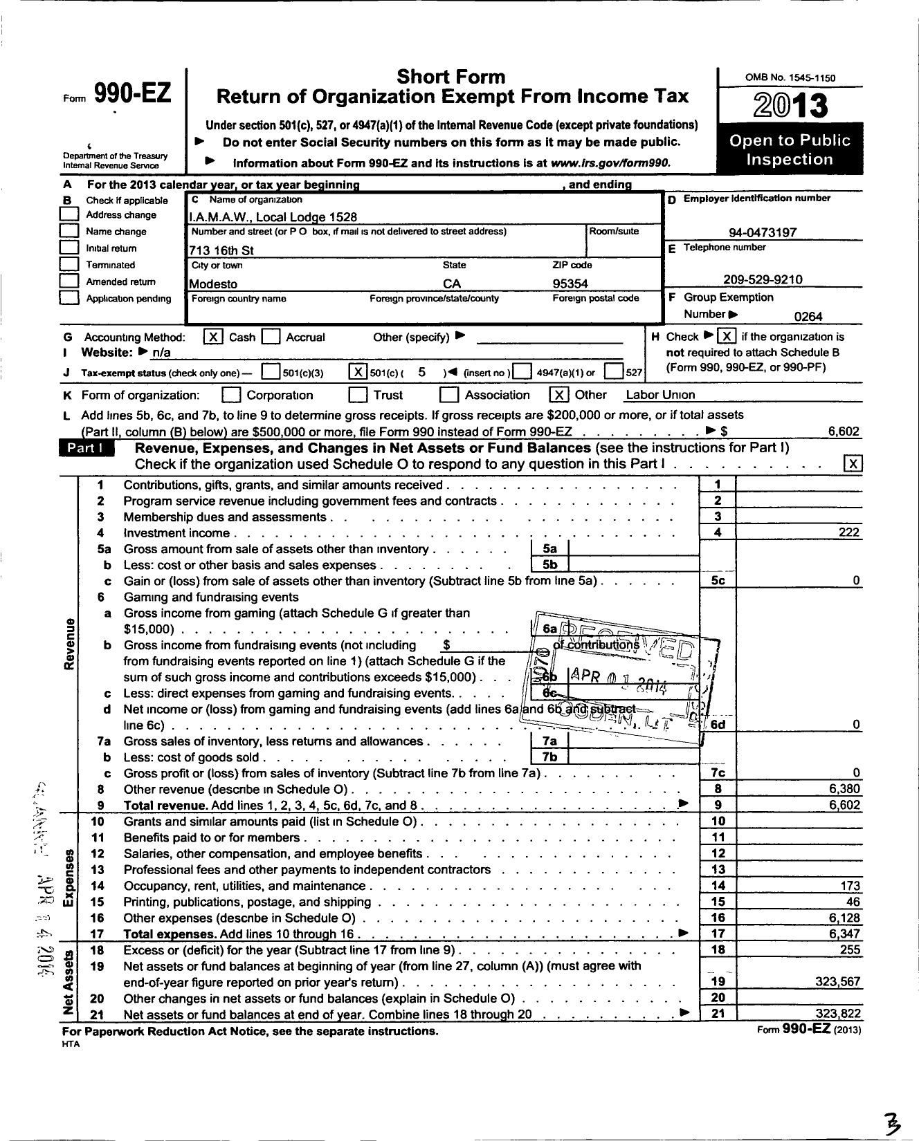 Image of first page of 2013 Form 990EO for International Association of Machinists and Aerospace Workers - 1528