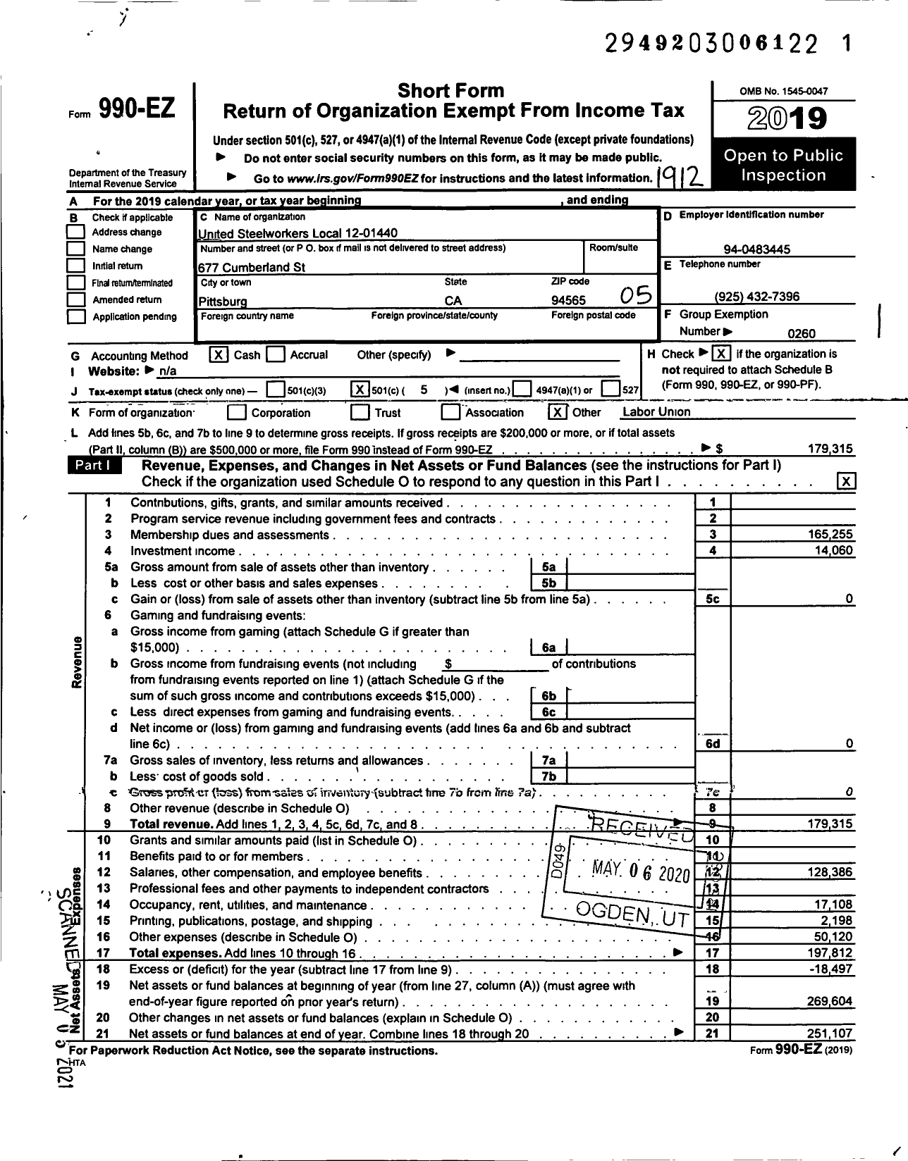 Image of first page of 2019 Form 990EO for United Steelworkers - 01440 Local