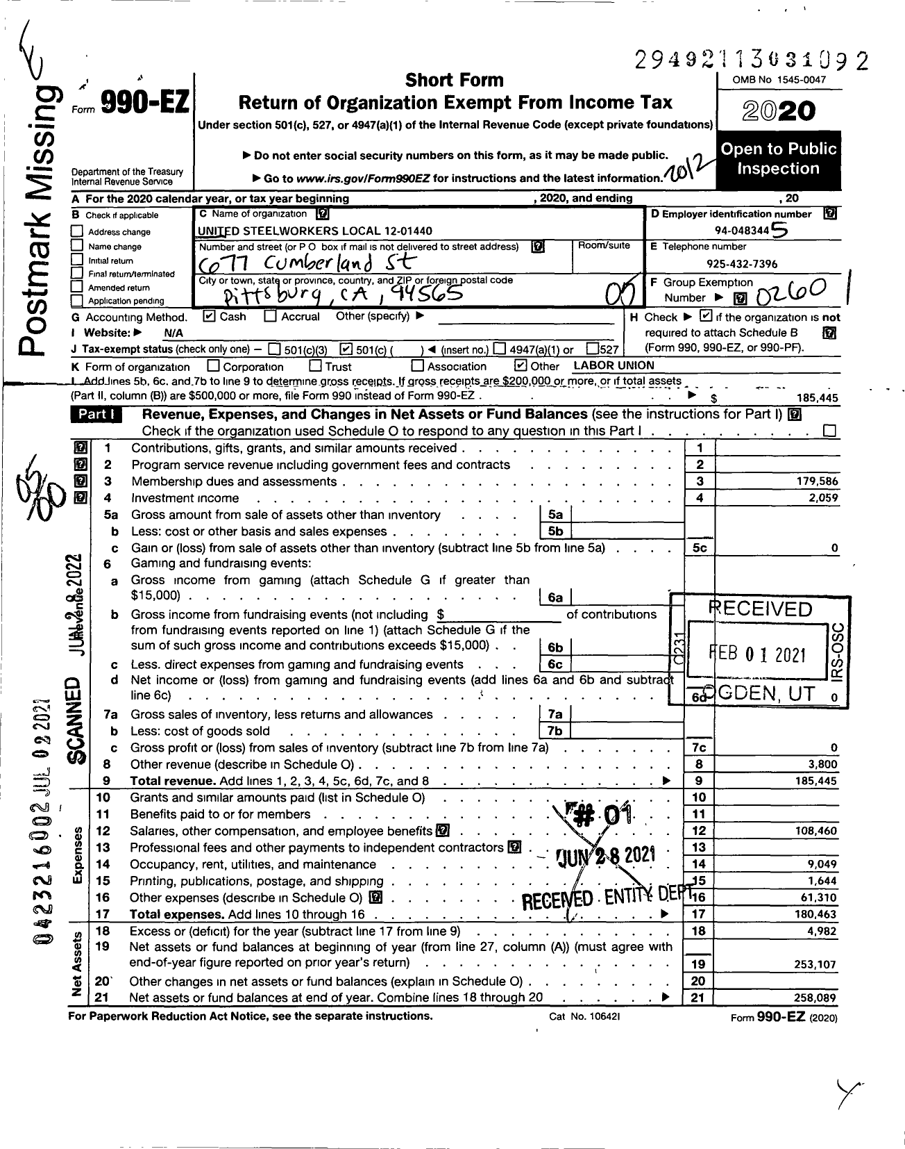 Image of first page of 2020 Form 990EO for United Steelworkers - 01440 Local