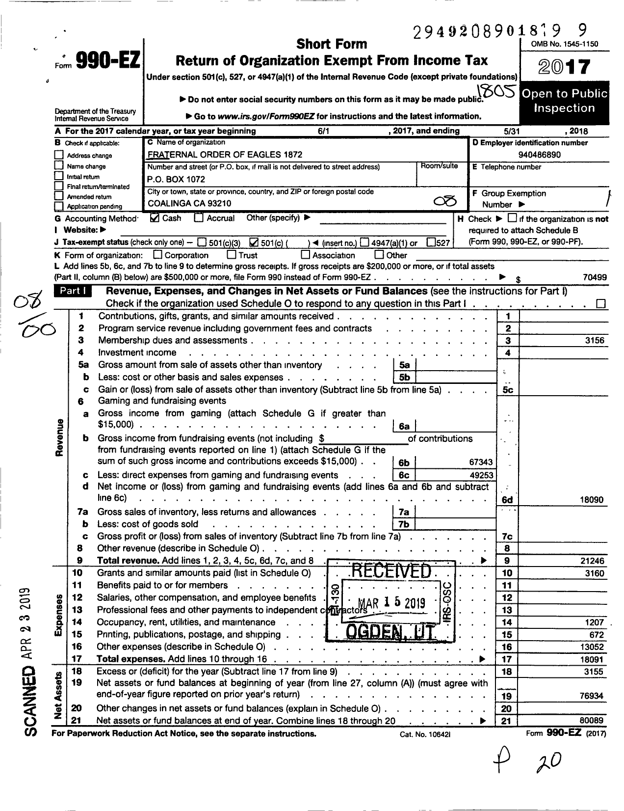 Image of first page of 2017 Form 990EO for Fraternal Order of Eagles - 1872 Aerie