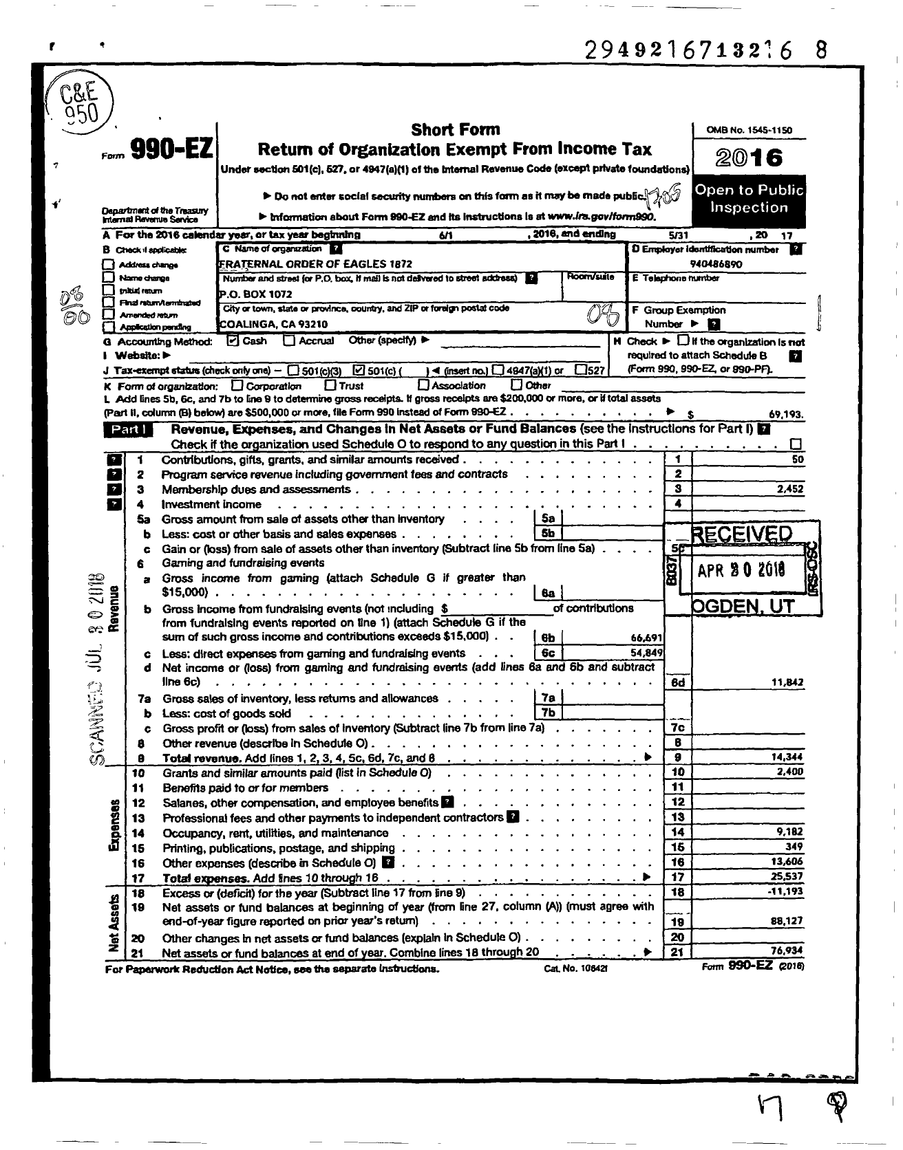 Image of first page of 2016 Form 990EO for Fraternal Order of Eagles - 1872 Aerie