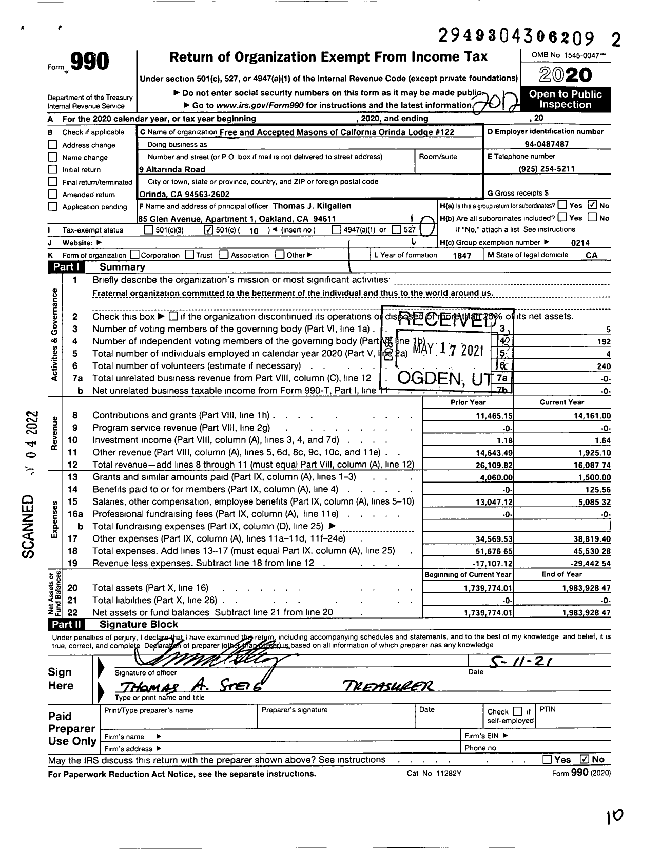 Image of first page of 2020 Form 990O for MASONS OF CALIFORNIA - 122 Orinda Lodge