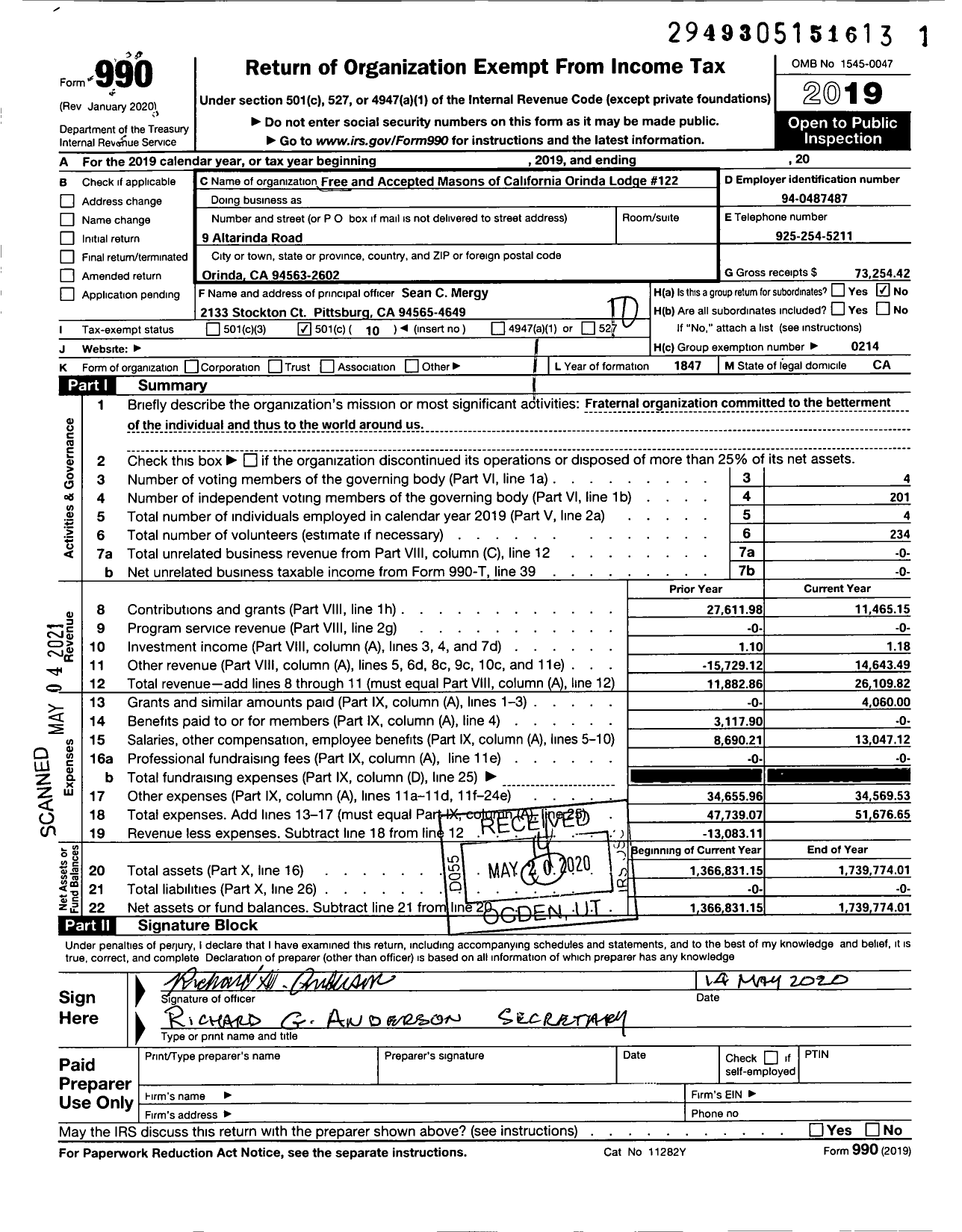 Image of first page of 2019 Form 990O for Masons of CALIFORNIA - Orinda Lodge No 122