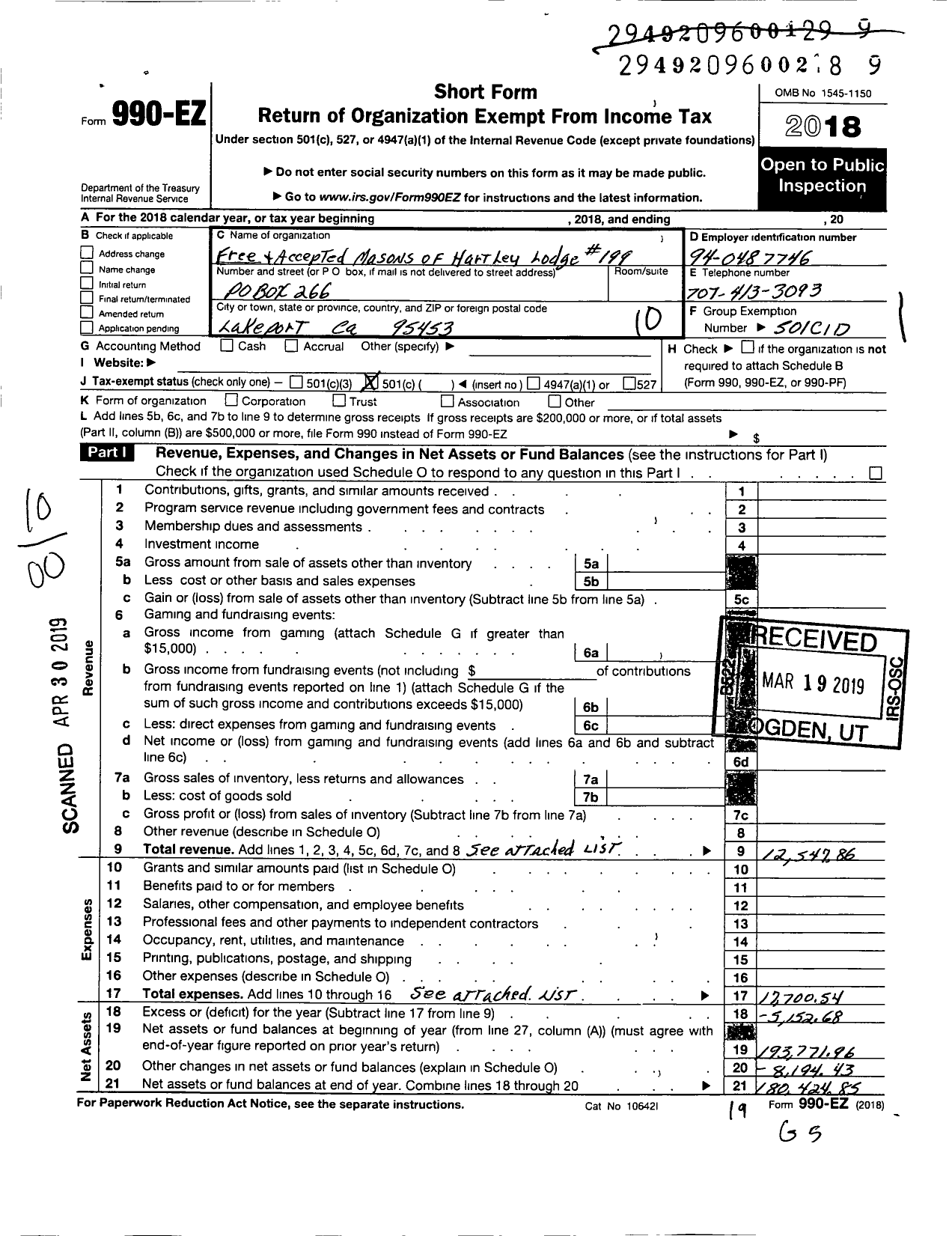 Image of first page of 2018 Form 990EO for Masons of California - 199 Hartley Lodge