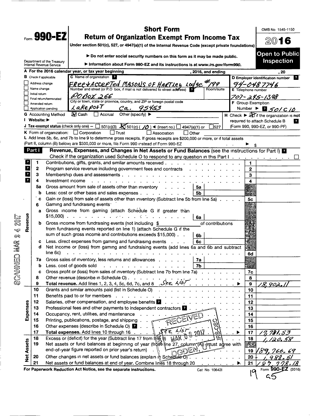 Image of first page of 2016 Form 990EO for Masons of California - 199 Hartley Lodge