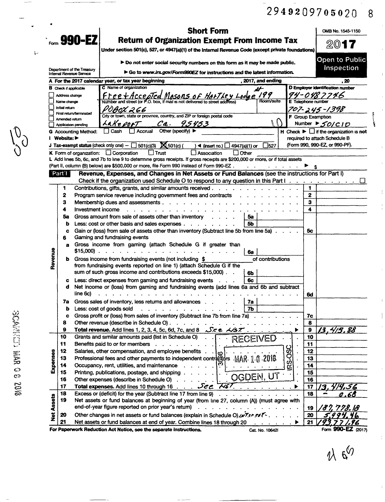 Image of first page of 2017 Form 990EO for Masons of California - 199 Hartley Lodge