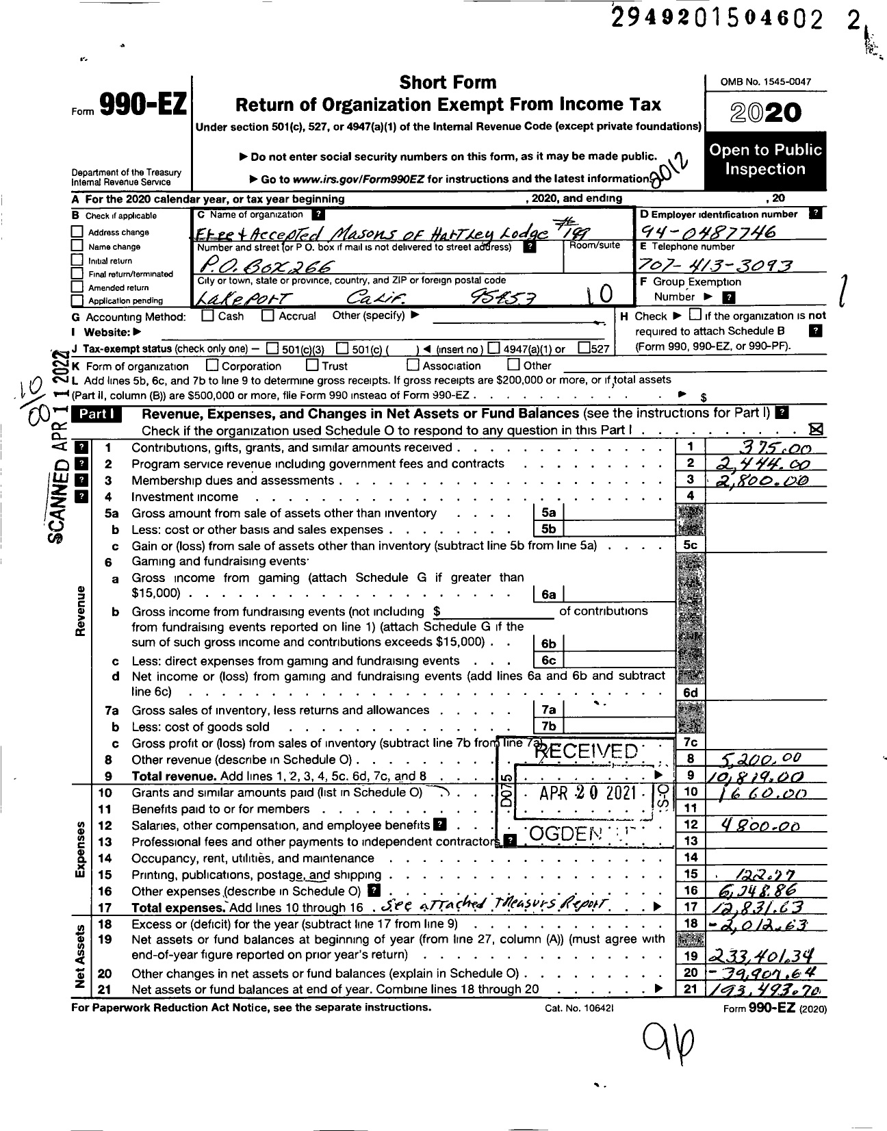 Image of first page of 2020 Form 990EO for Masons of California - 199 Hartley Lodge