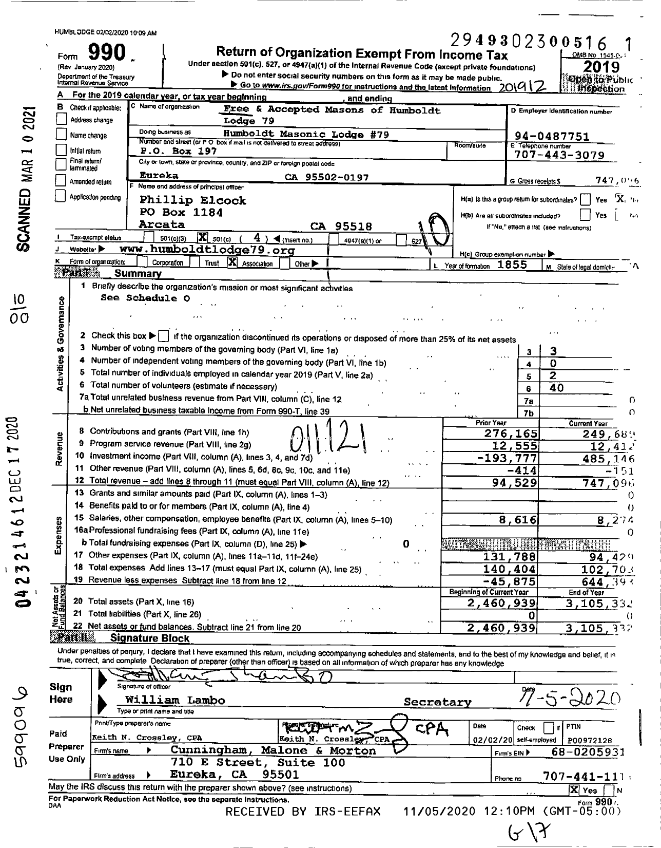 Image of first page of 2019 Form 990O for Masons of California - Humboldt Masonic Lodge 79