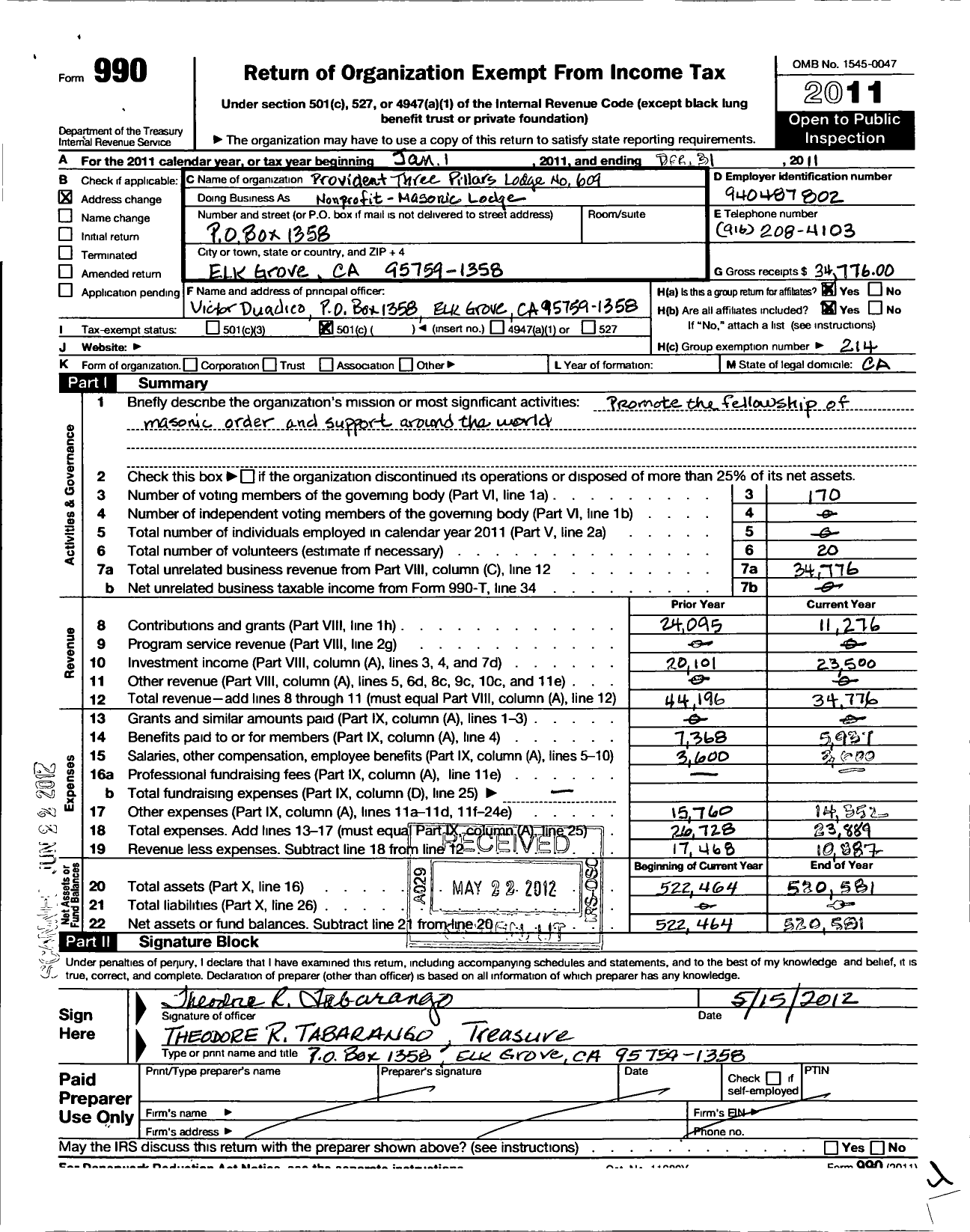 Image of first page of 2011 Form 990O for Masons of California - Non Profit Masonic Lodge