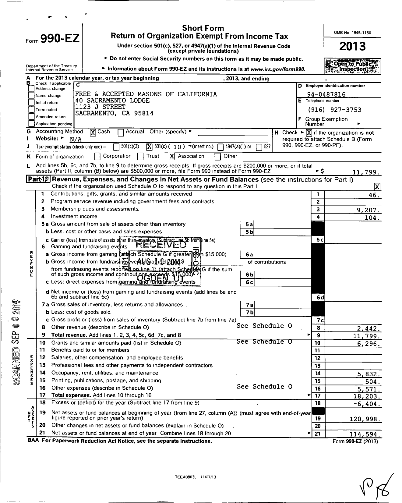 Image of first page of 2013 Form 990EO for Masons of California - 40 Sacramento Lodge