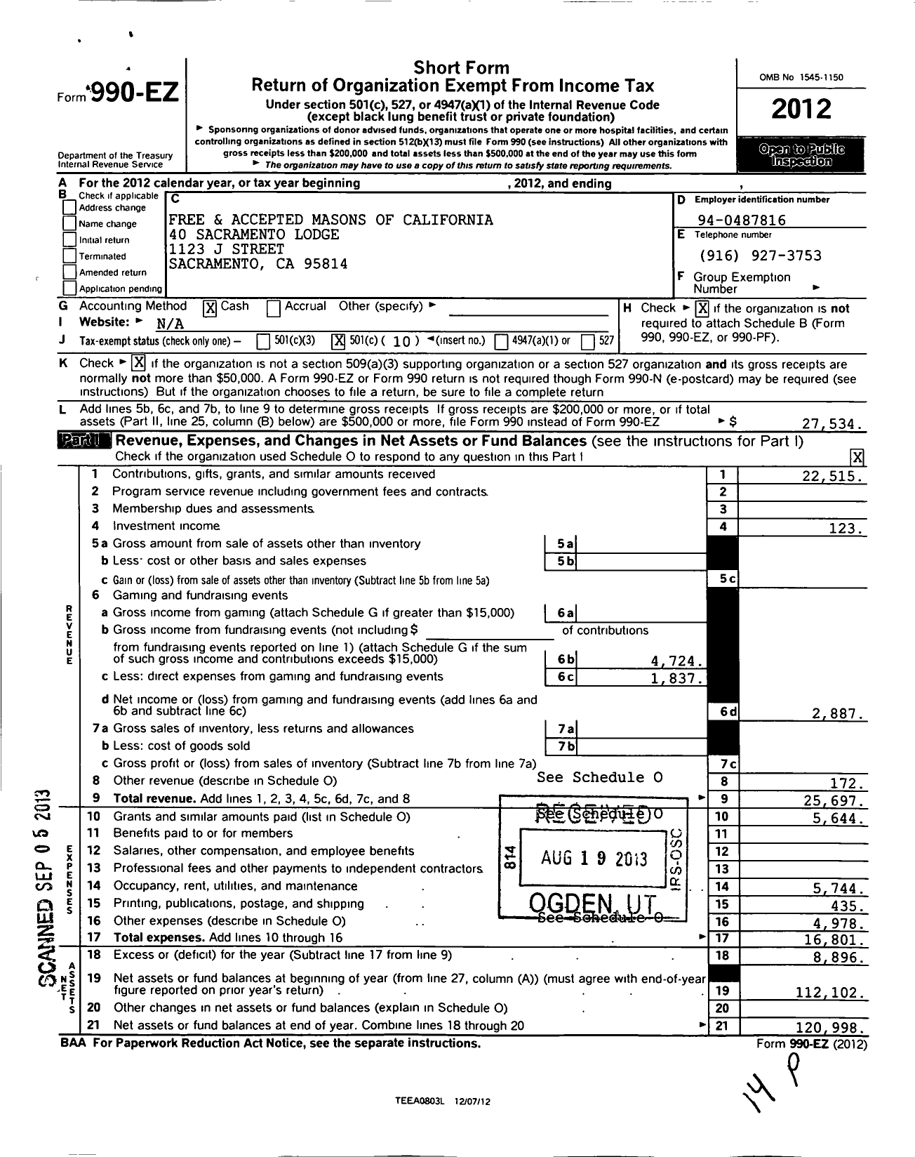 Image of first page of 2012 Form 990EO for Masons of California - 40 Sacramento Lodge