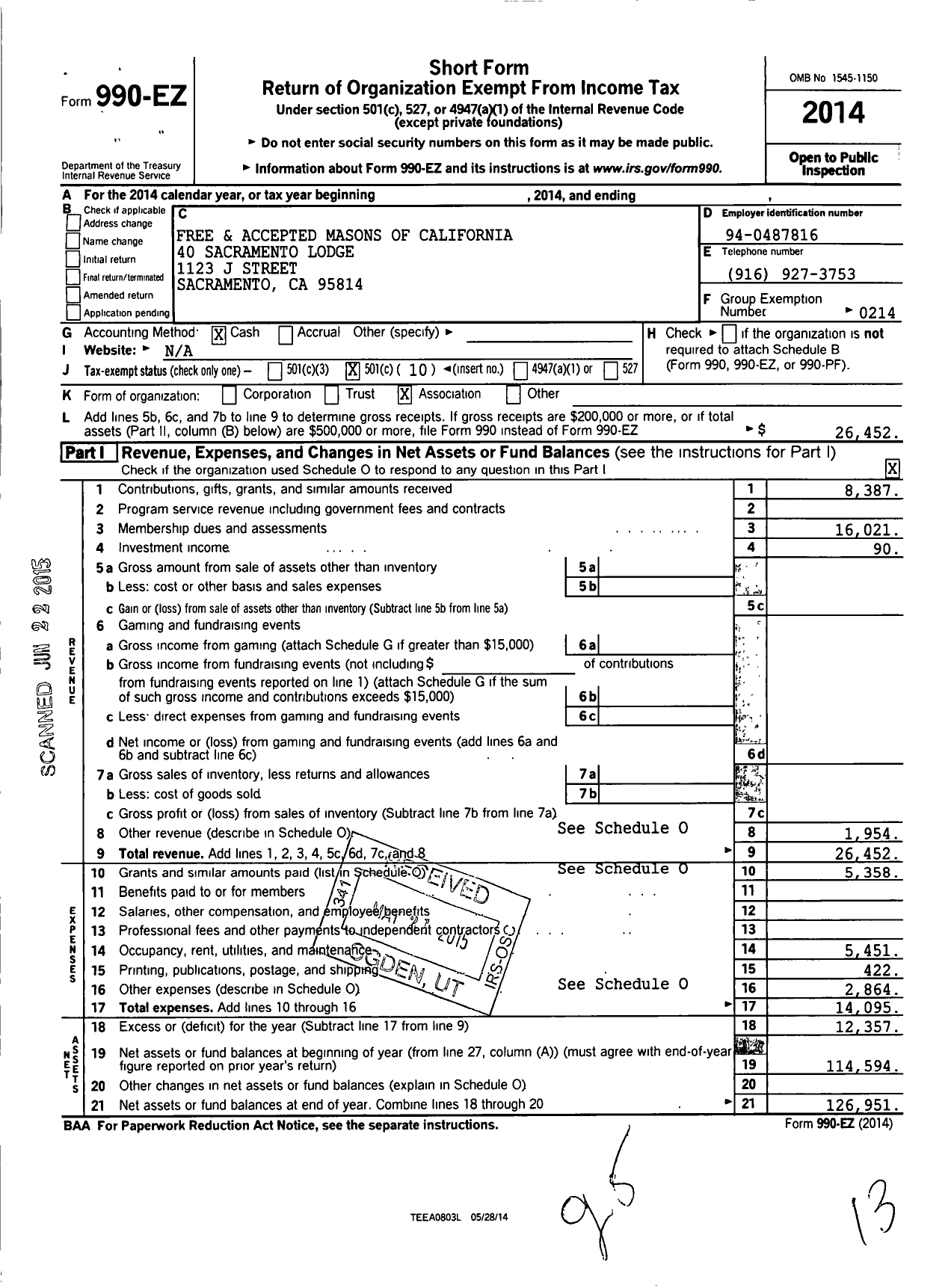 Image of first page of 2014 Form 990EO for Masons of California - 40 Sacramento Lodge