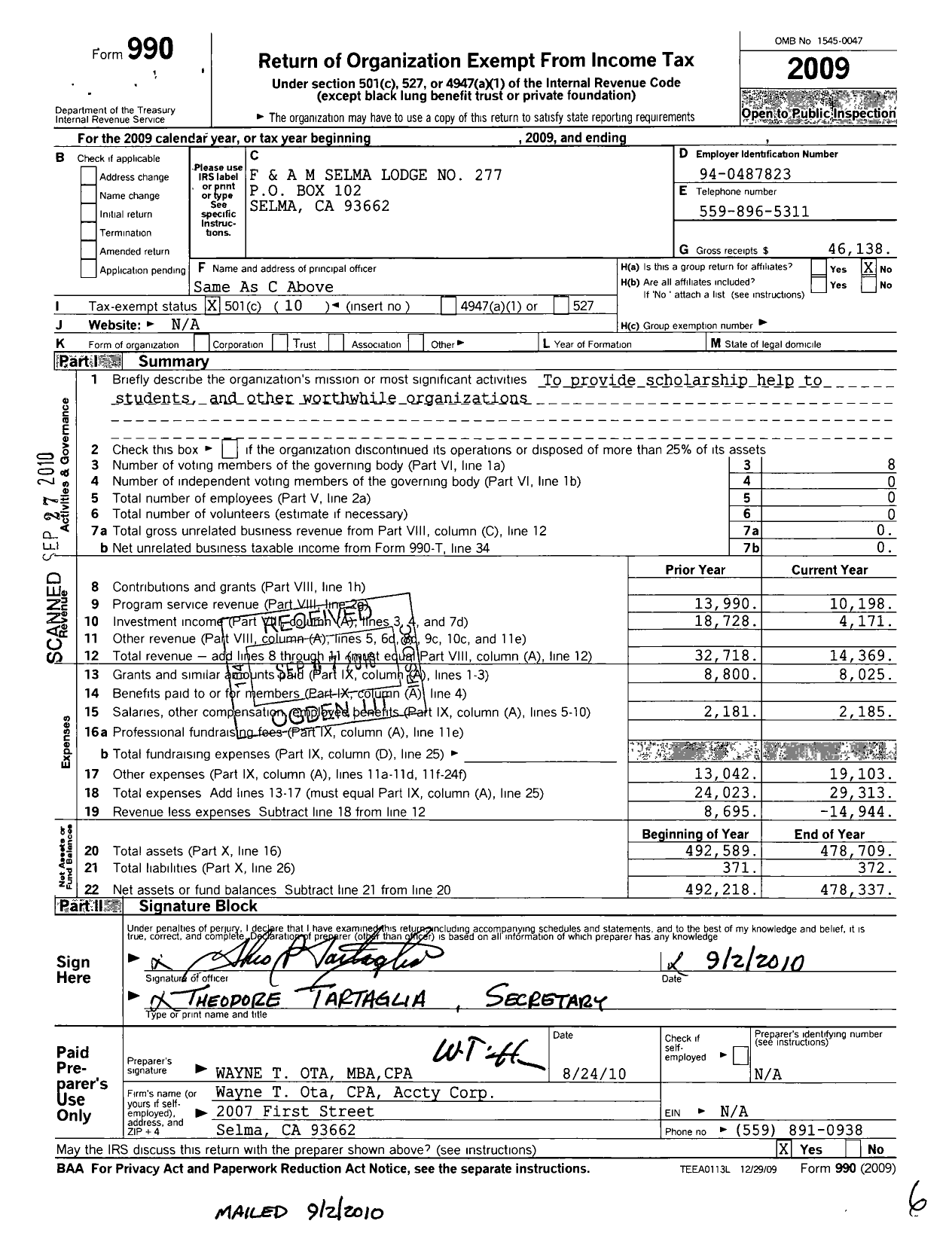 Image of first page of 2009 Form 990O for Masons of California - 277 Selma Lodge F&am