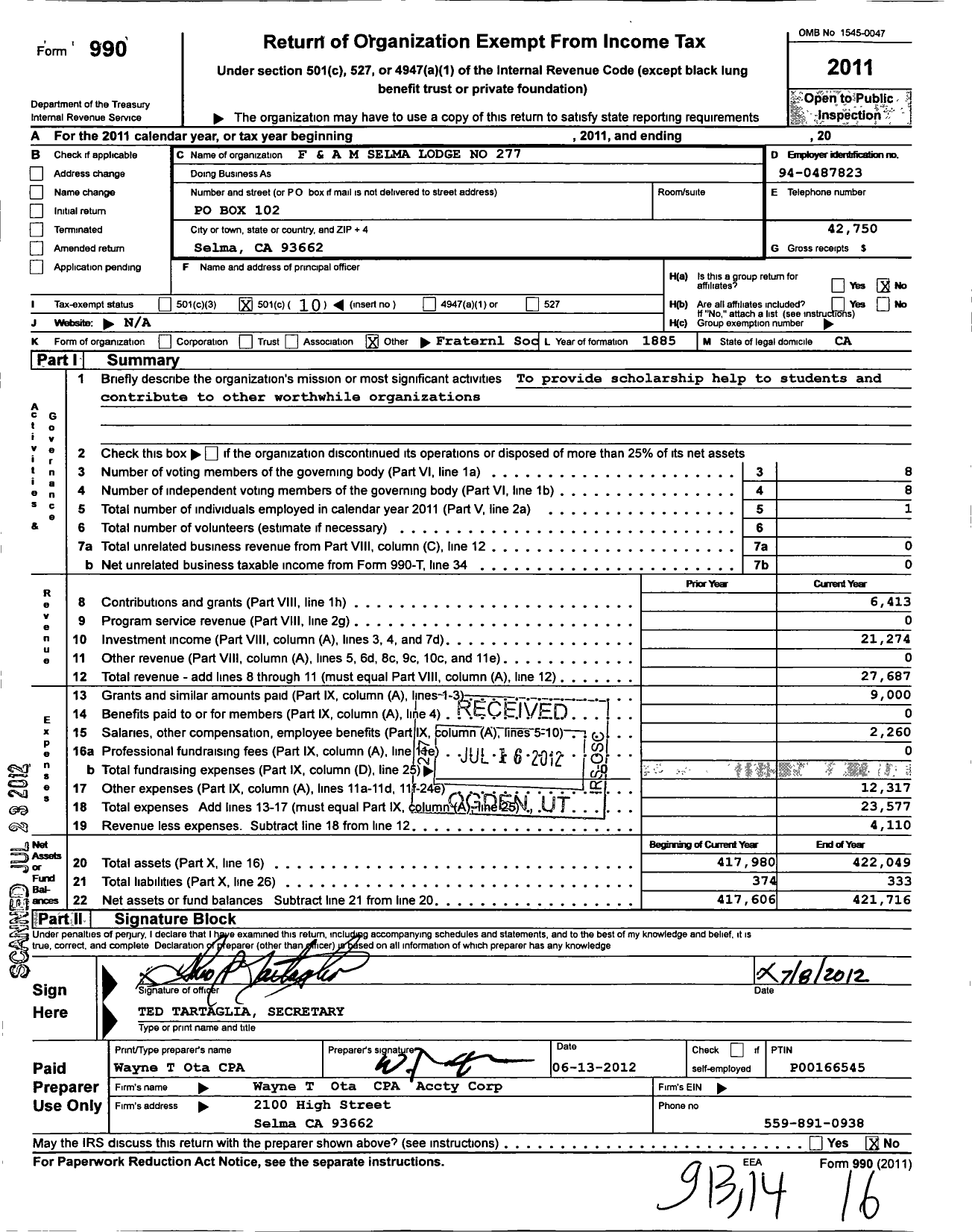 Image of first page of 2011 Form 990O for Masons of California - 277 Selma Lodge F&am