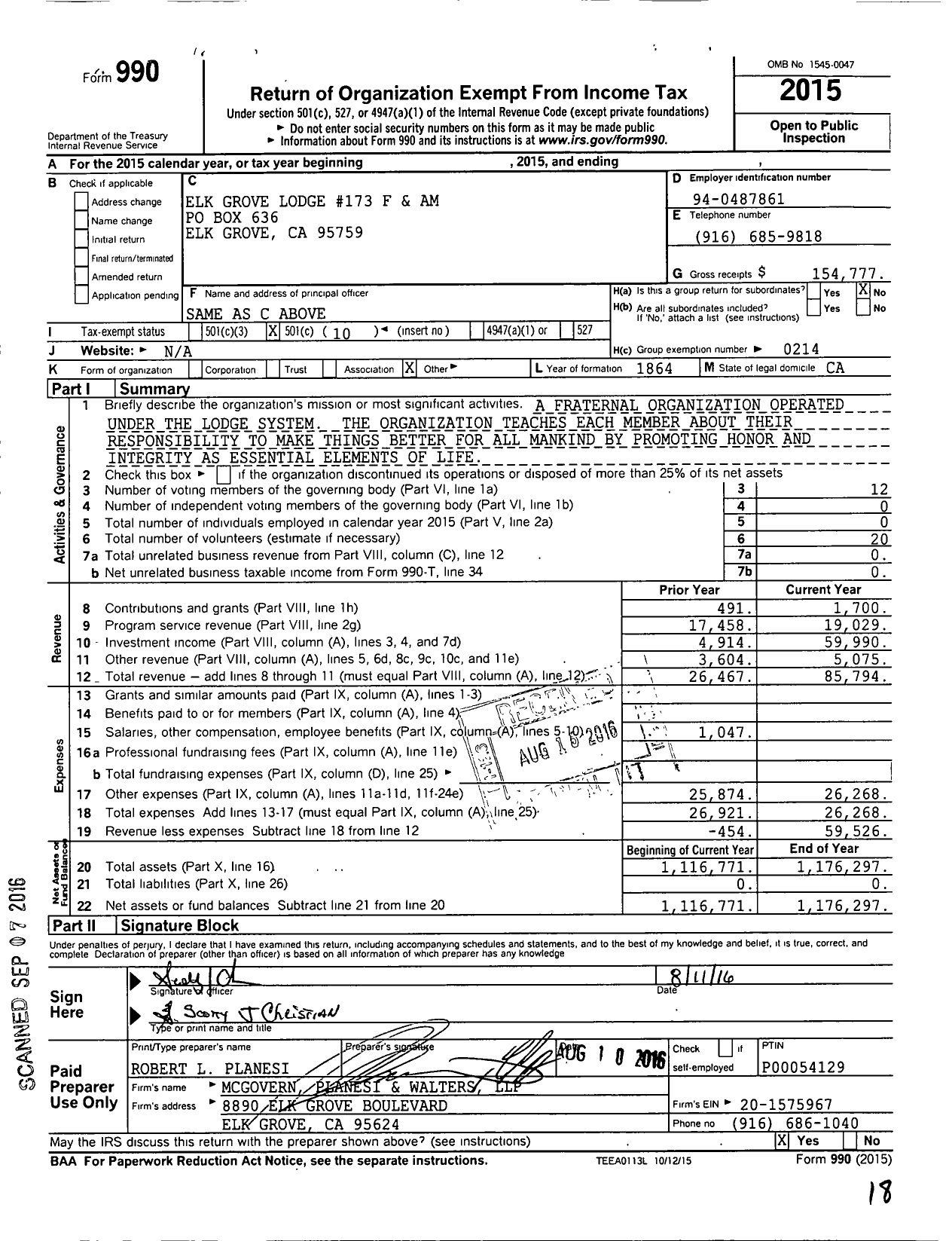 Image of first page of 2015 Form 990O for Masons of California - 173 Elk Grove Lodge