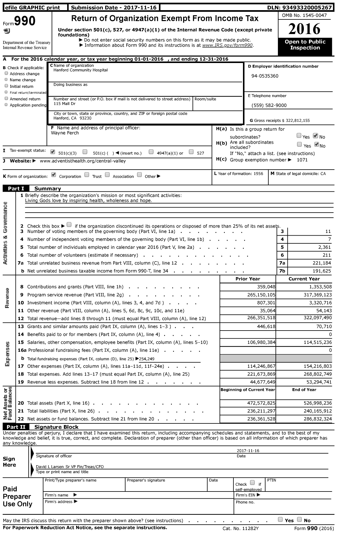Image of first page of 2016 Form 990 for Adventist Health Ctr-Hanford (AHCVN)