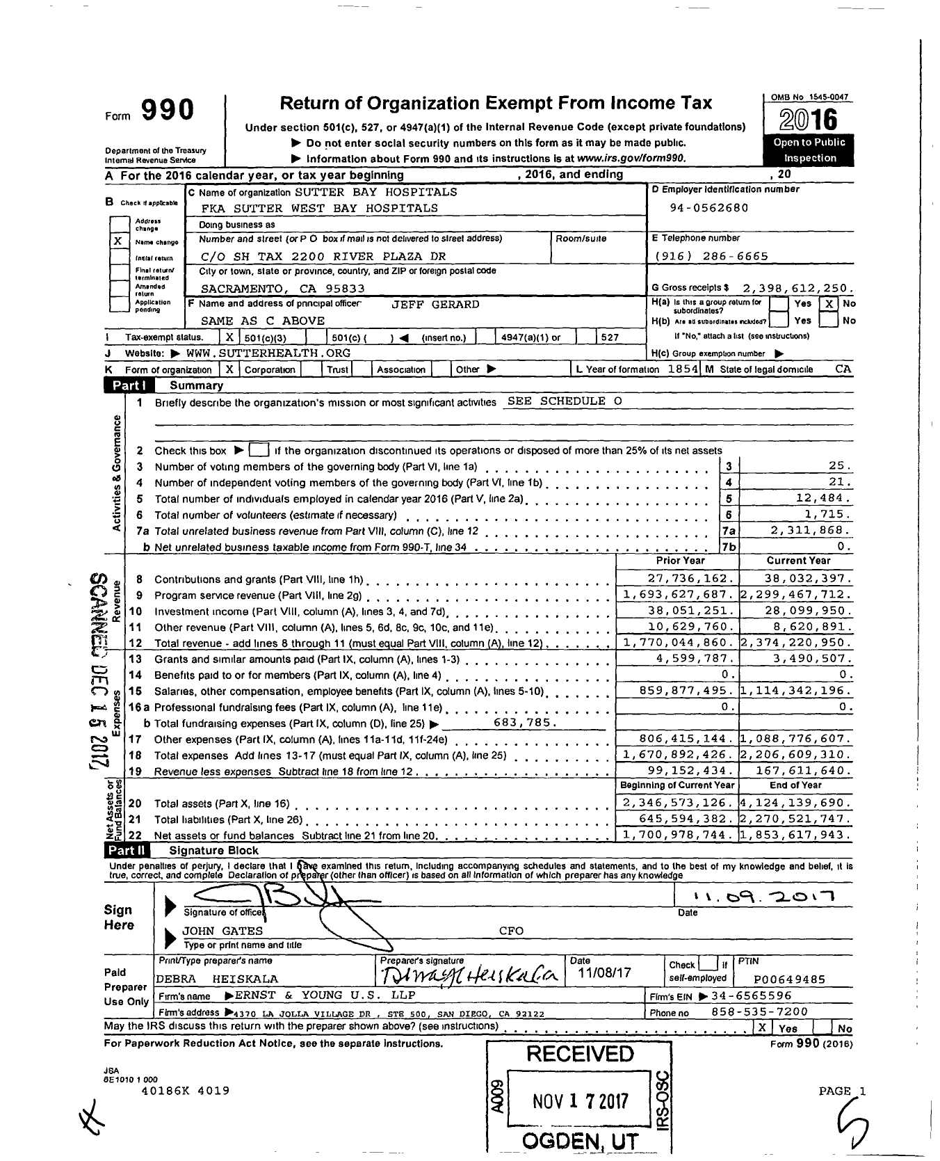 Image of first page of 2016 Form 990 for Sutter Bay Hospitals (CPMC)