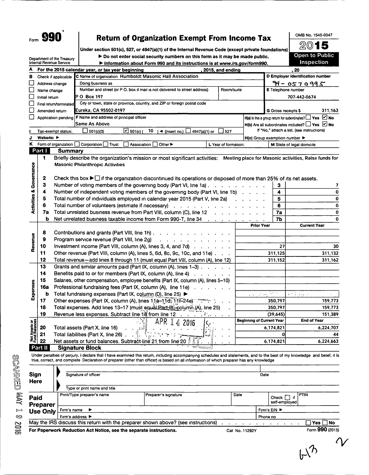 Image of first page of 2015 Form 990O for Humboldt Masonic Temple Association