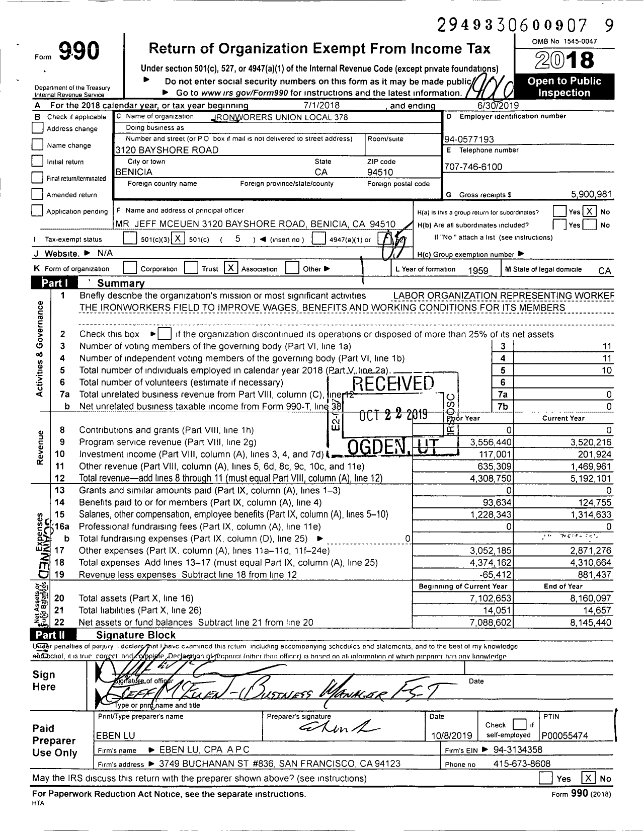 Image of first page of 2018 Form 990O for International Association of Bridge Struct and Ornamental Iron WKRS Local Union 378