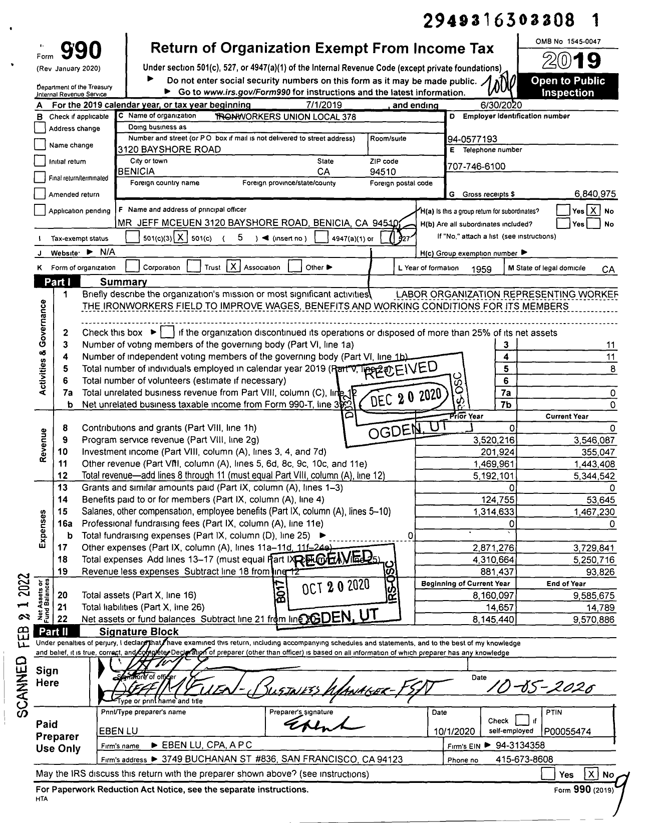 Image of first page of 2019 Form 990O for International Association of Bridge Struct and Ornamental Iron WKRS Local Union 378