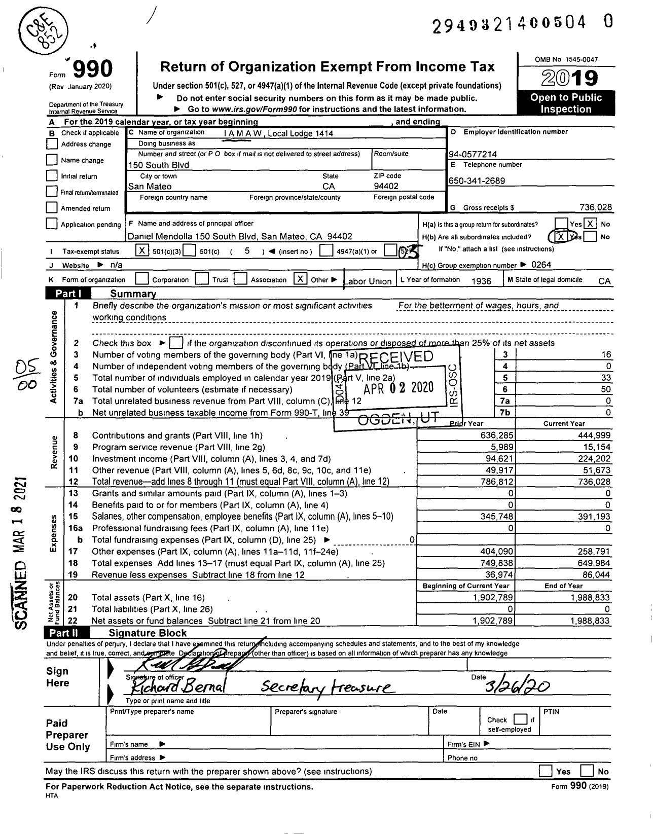 Image of first page of 2019 Form 990O for International Association of Machinists and Aerospace Workers - IAMAW Local Lodge 1414