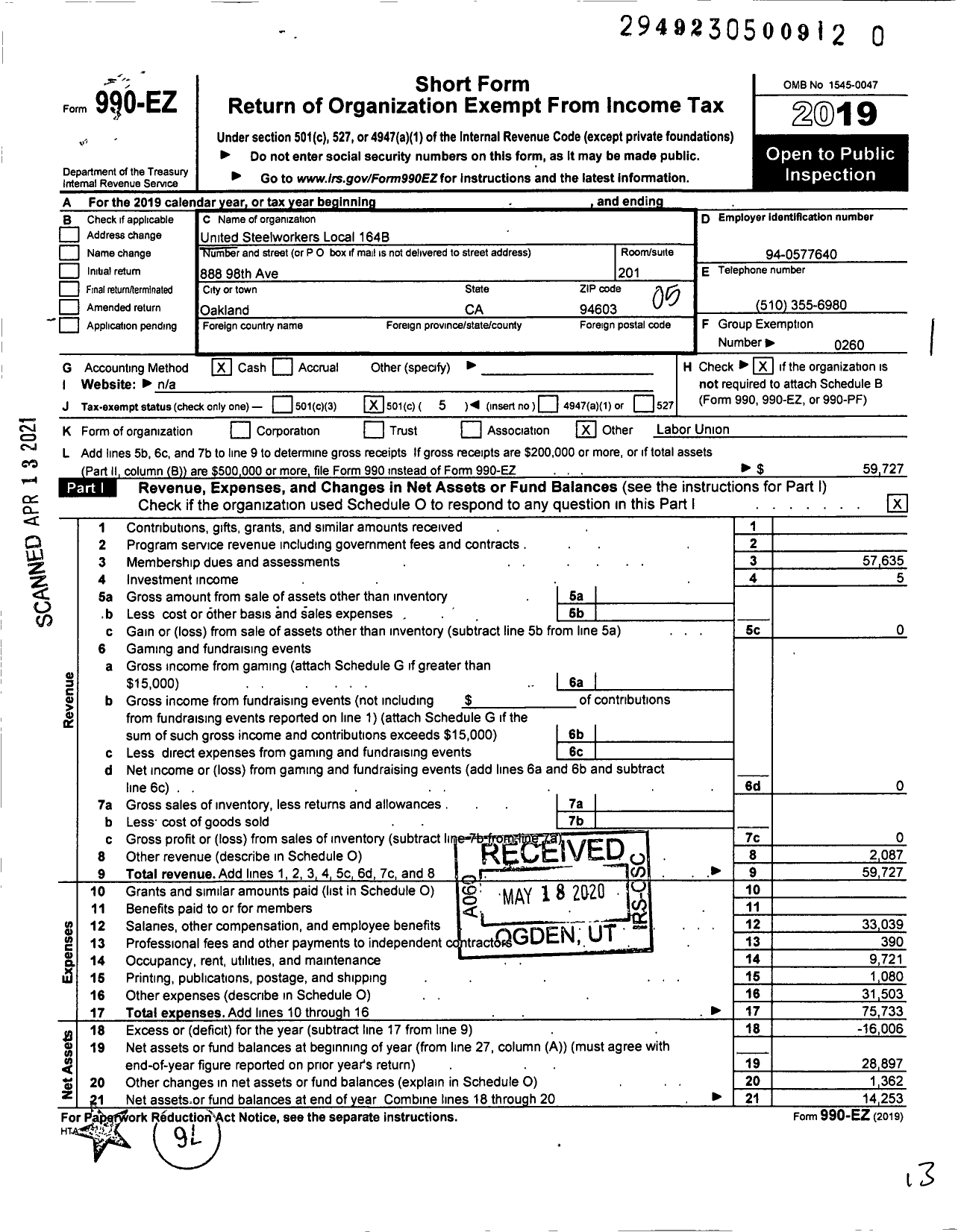 Image of first page of 2019 Form 990EO for United Steelworkers - 164B Local