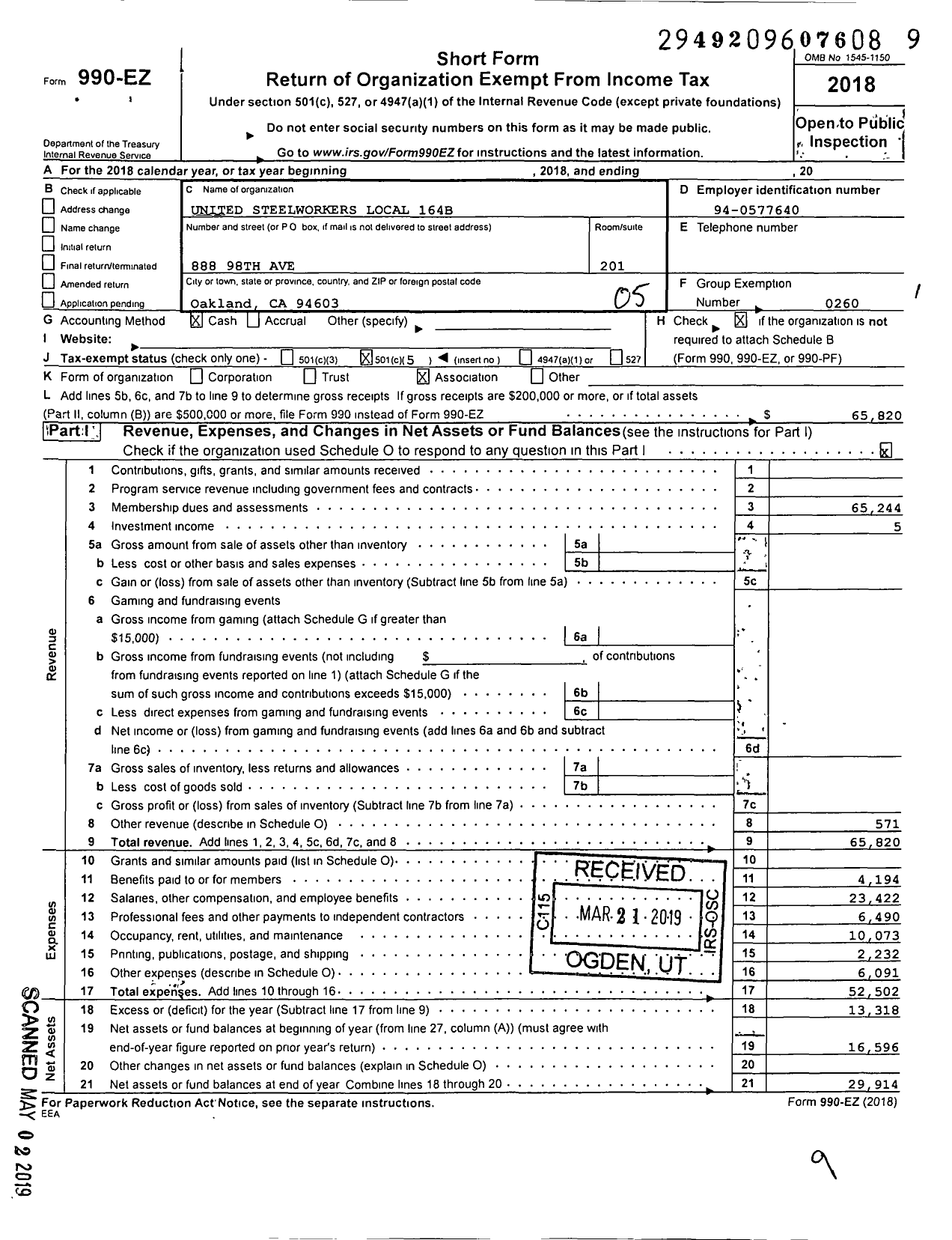 Image of first page of 2018 Form 990EO for United Steelworkers - 164B Local