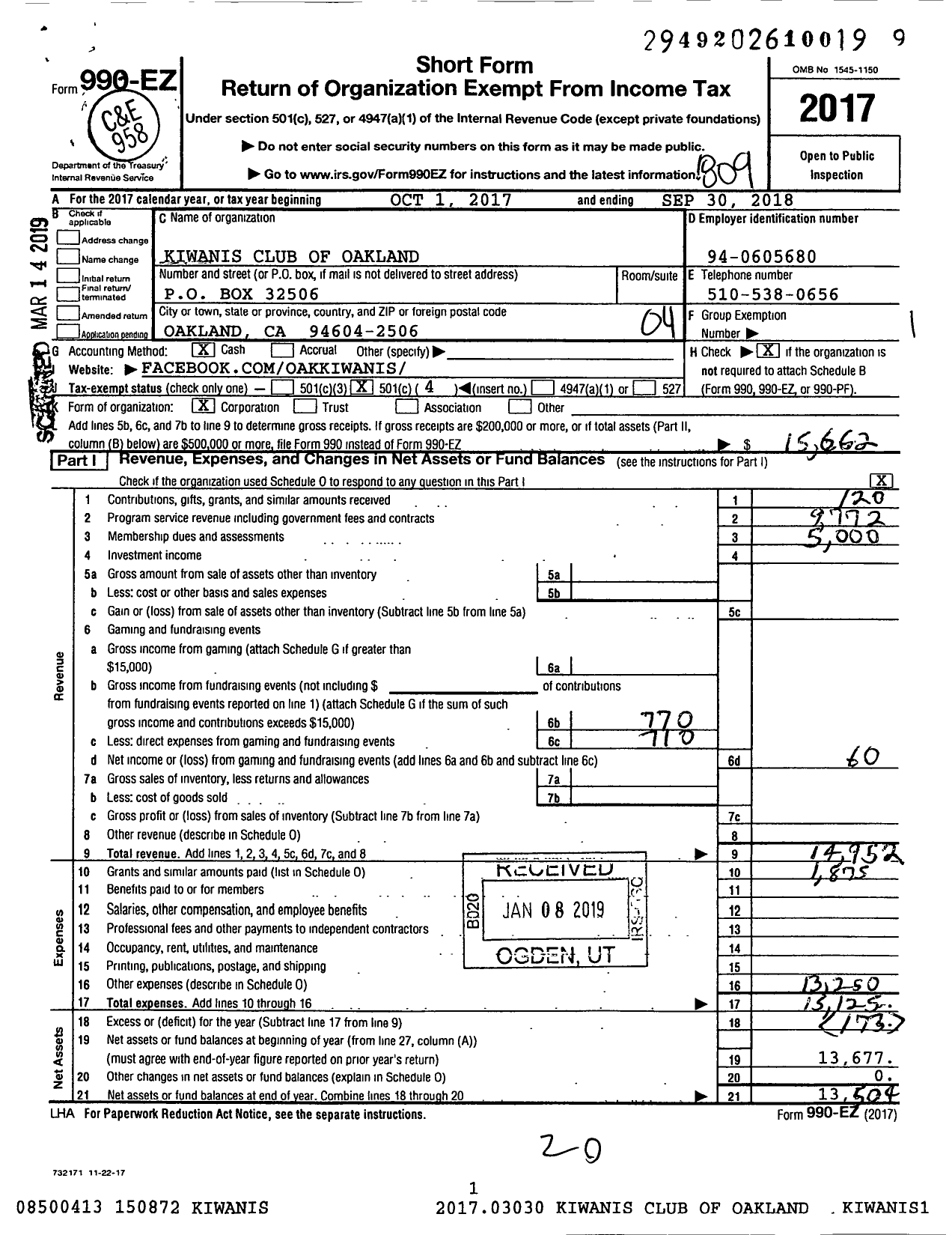 Image of first page of 2017 Form 990EO for Kiwanis International - K00248 Oakland