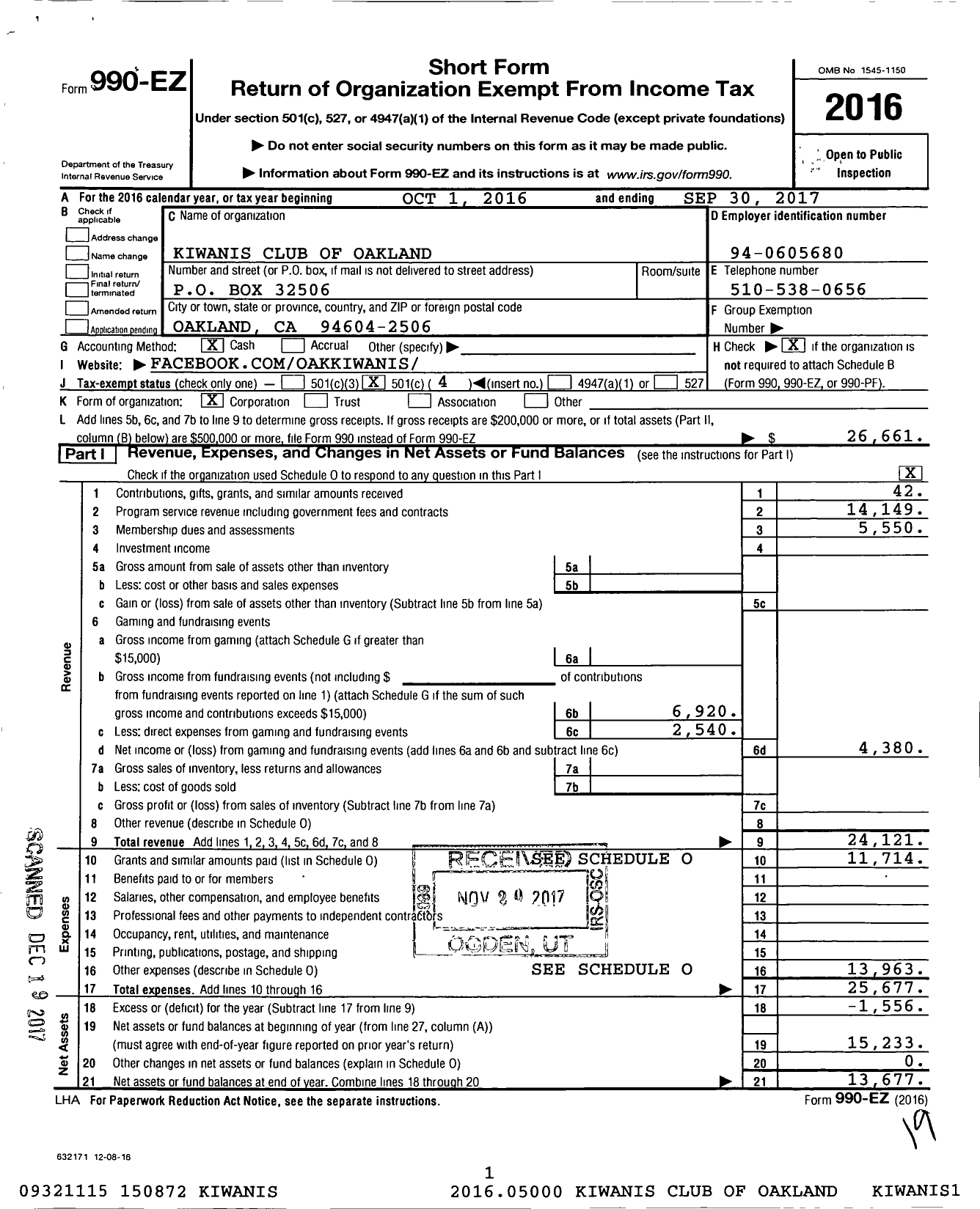 Image of first page of 2016 Form 990EO for Kiwanis International - K00248 Oakland