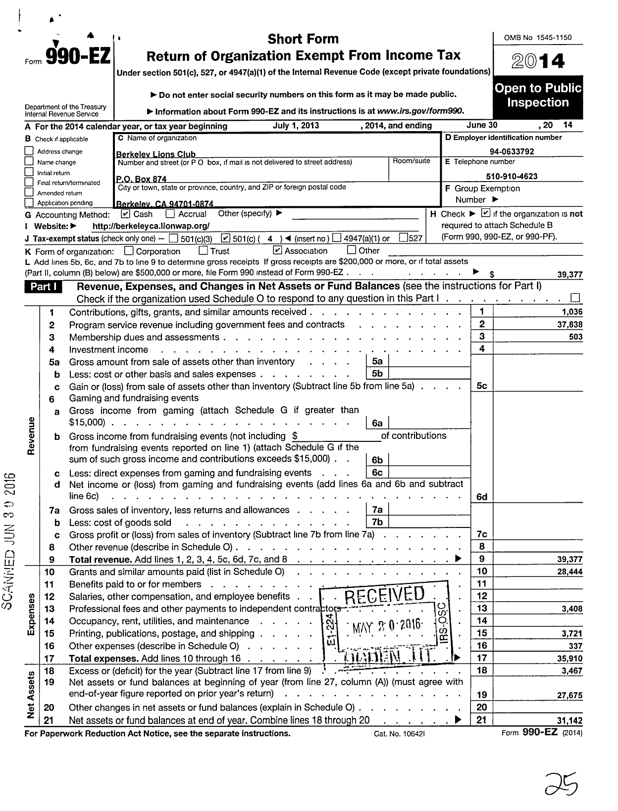 Image of first page of 2013 Form 990EO for Lions Clubs - 2065 Berkeley