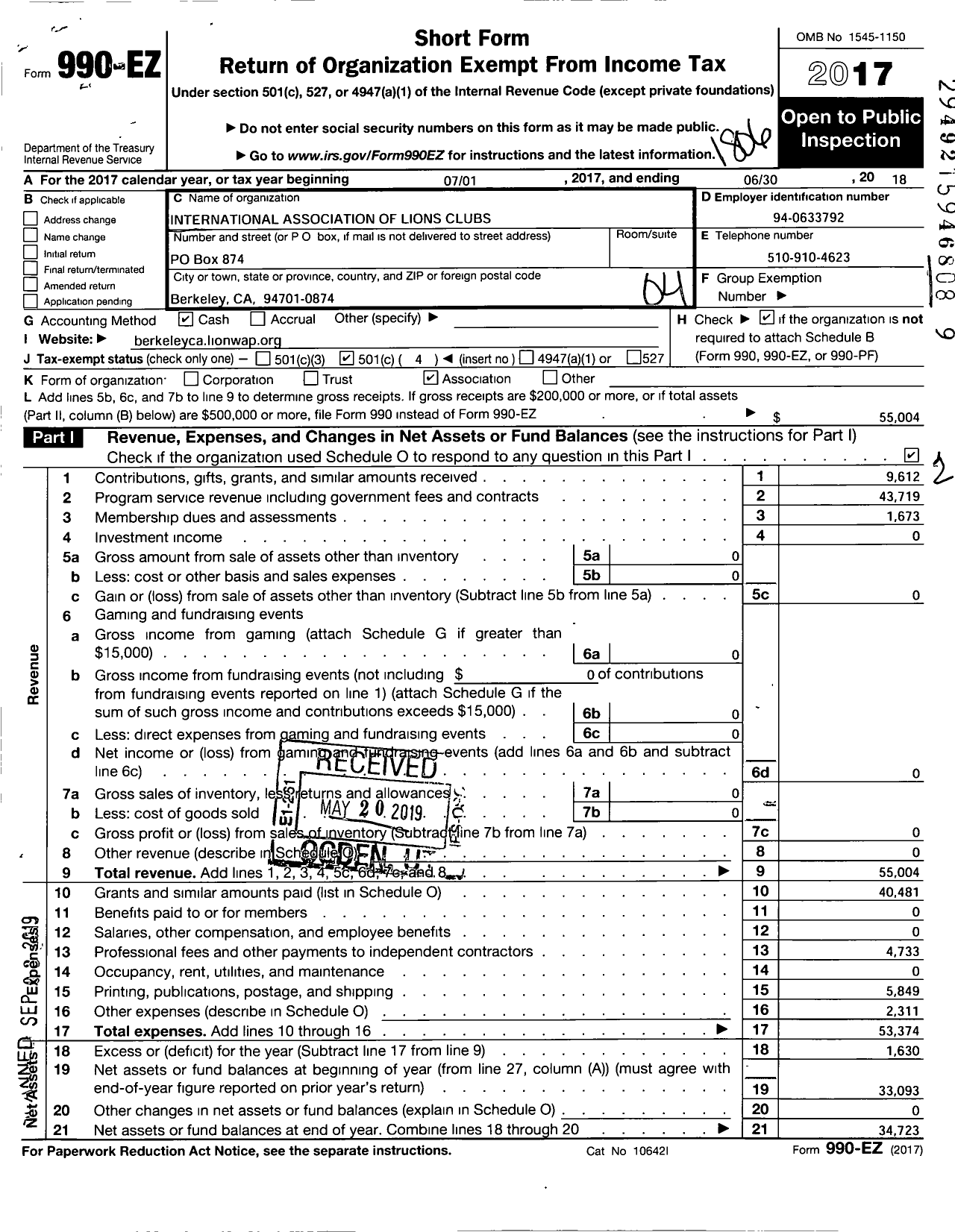 Image of first page of 2017 Form 990EO for Lions Clubs - 2065 Berkeley