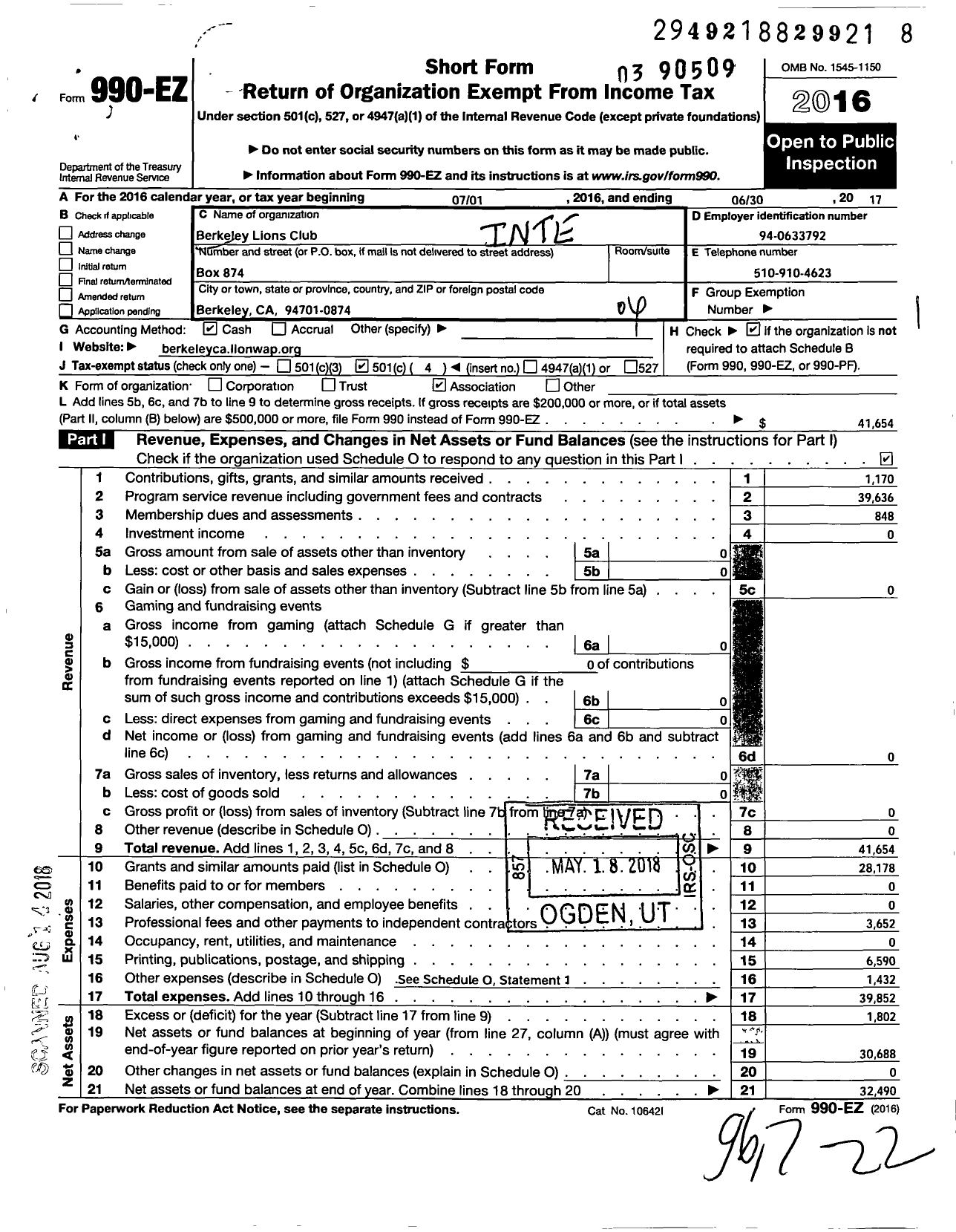 Image of first page of 2016 Form 990EO for Lions Clubs - 2065 Berkeley