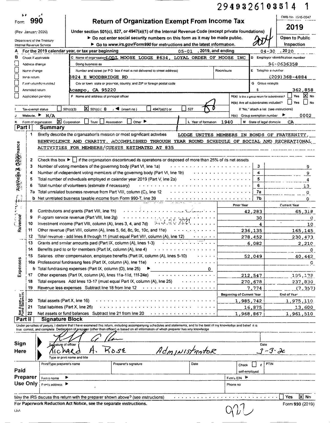 Image of first page of 2019 Form 990O for Loyal Order of Moose - Lodi Moose Lodge 634