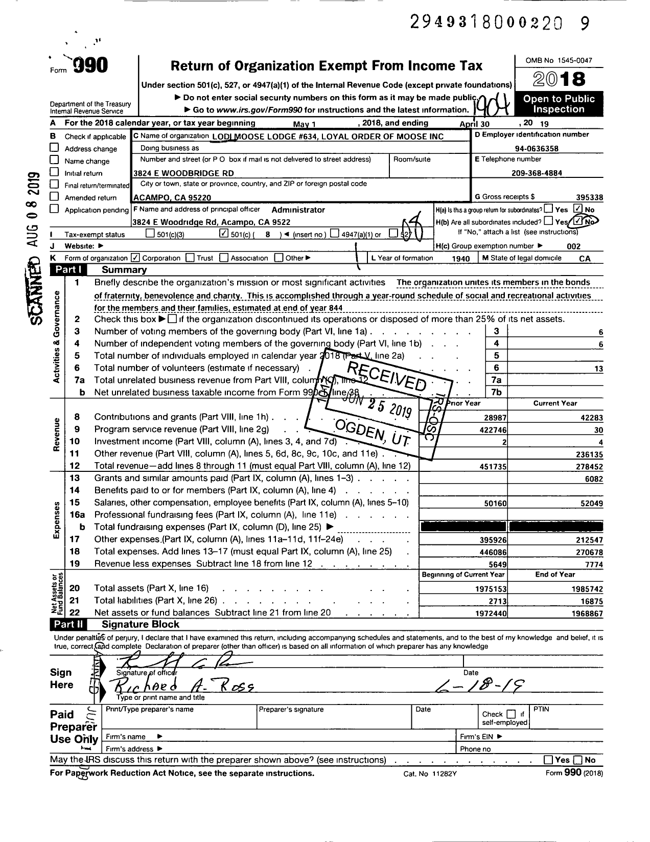 Image of first page of 2018 Form 990O for Loyal Order of Moose - Lodi Moose Lodge 634