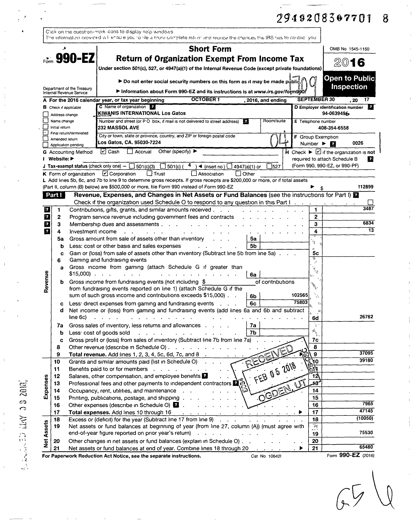 Image of first page of 2016 Form 990EO for Kiwanis International - K01155 Los Gatos