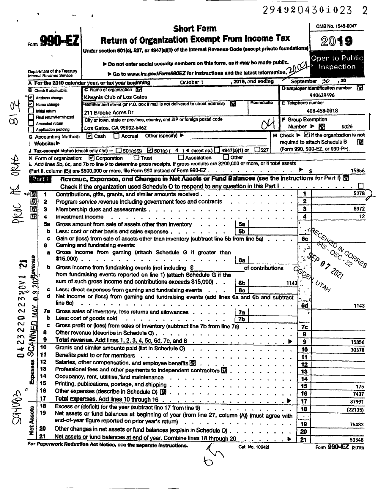 Image of first page of 2019 Form 990EO for Kiwanis International - K01155 Los Gatos