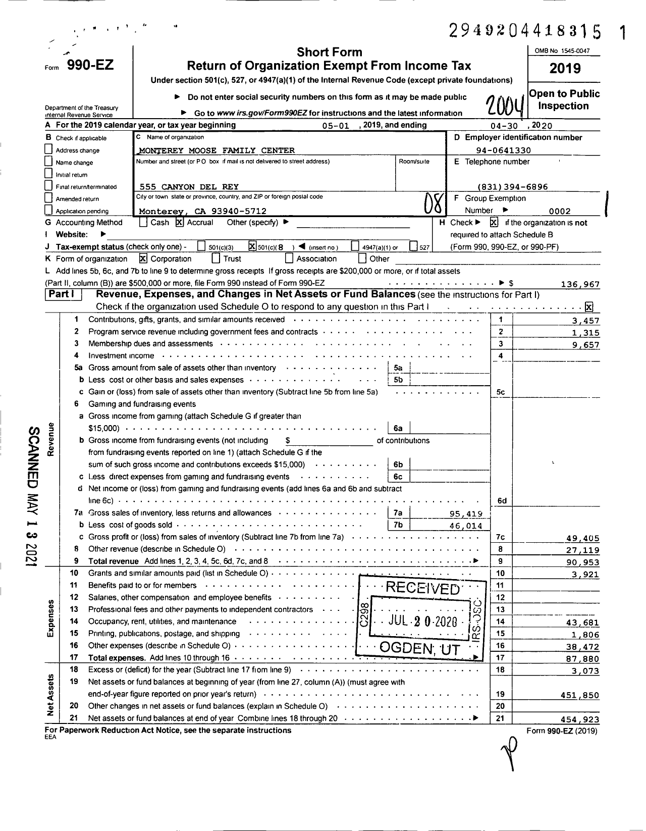 Image of first page of 2019 Form 990EO for Loyal Order of Moose - 876