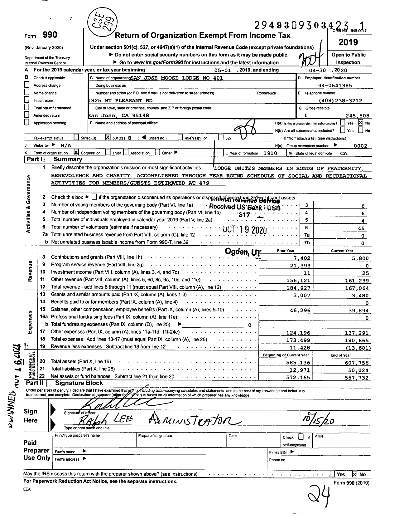 Image of first page of 2019 Form 990O for San Jose Moose Lodge No 401