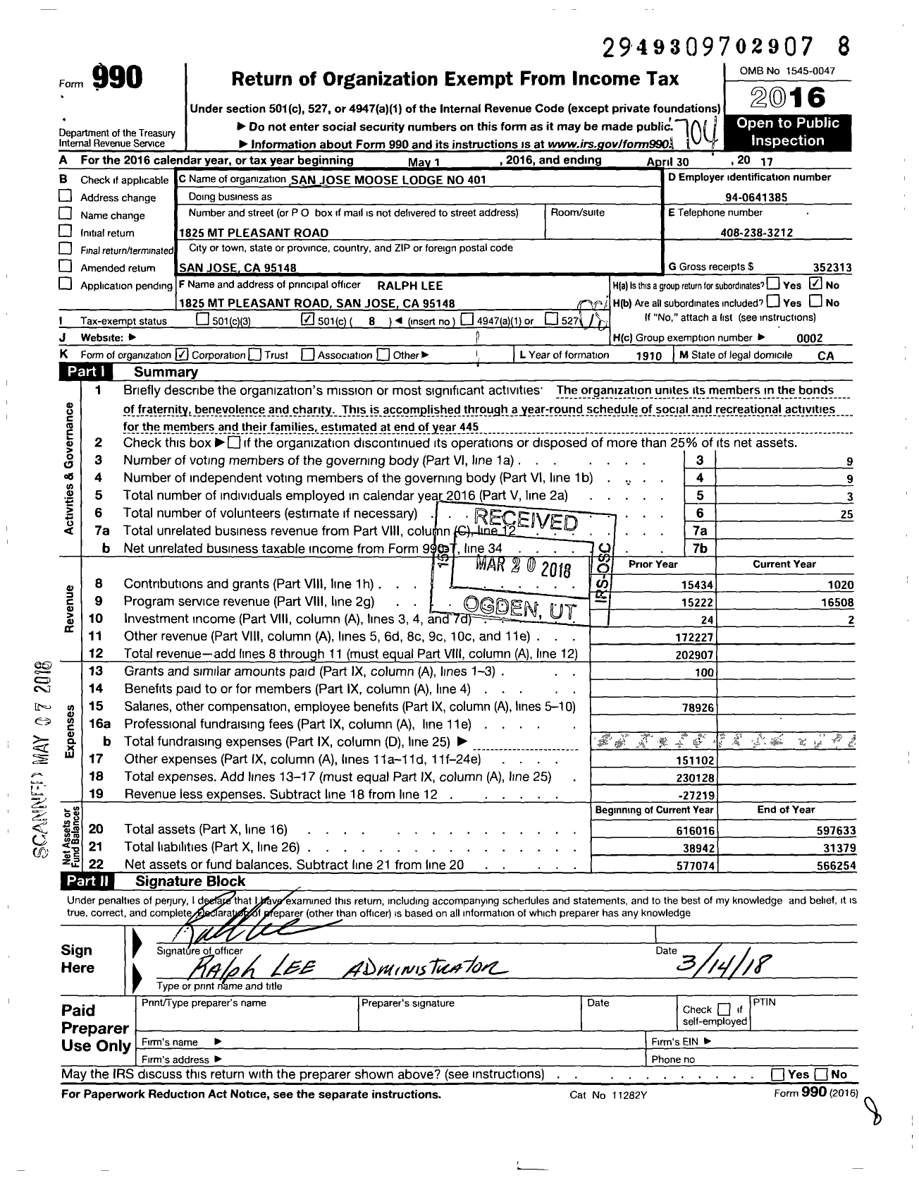 Image of first page of 2016 Form 990O for San Jose Moose Lodge No 401