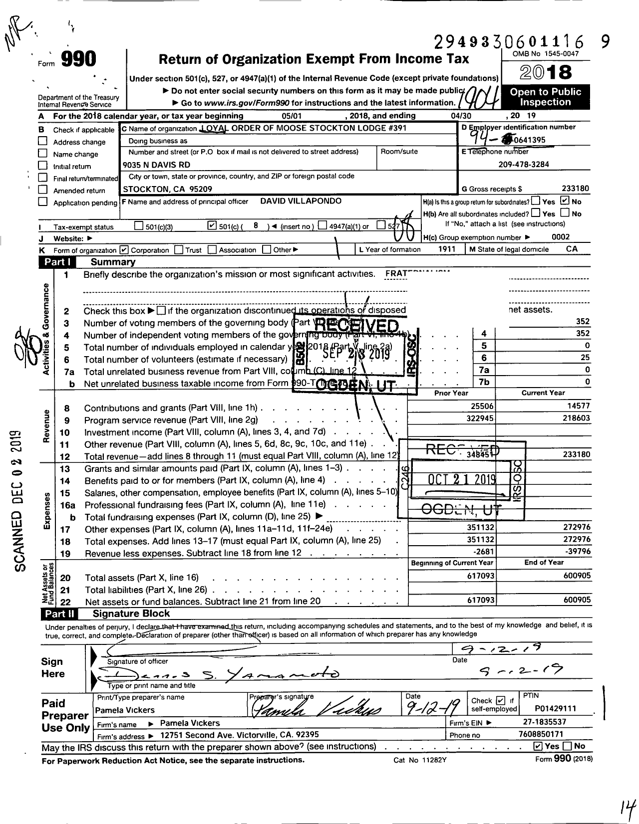 Image of first page of 2018 Form 990O for Loyal Order of Moose - 391